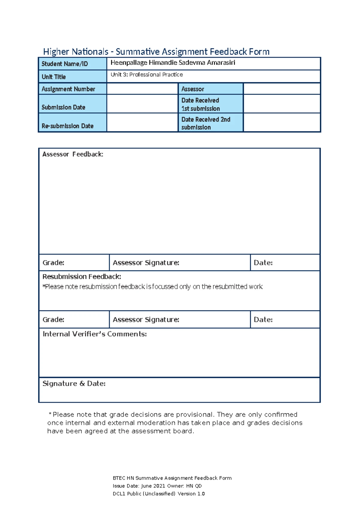 BTEC HN Unit 04: Database Design Development Feedback Form - Studocu