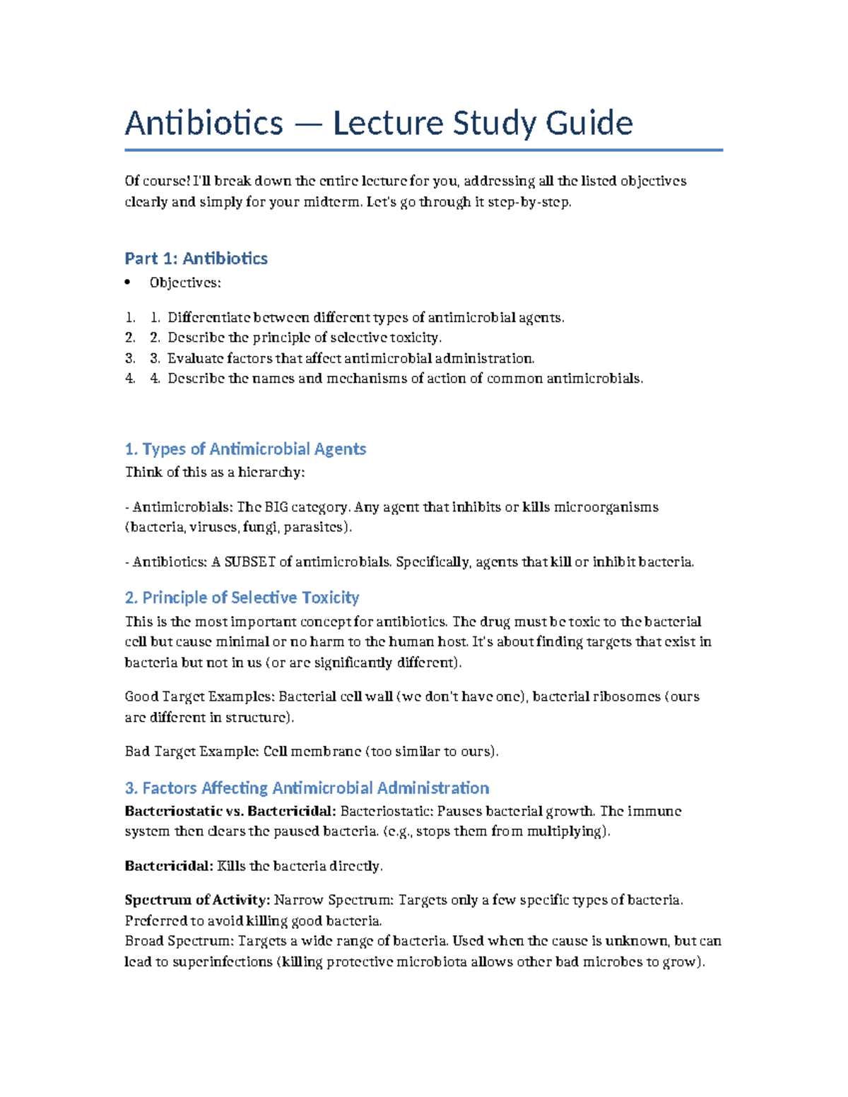 Antibiotics Lecture Study Guide for Midterm Exam (Course Code: BIO101 ...