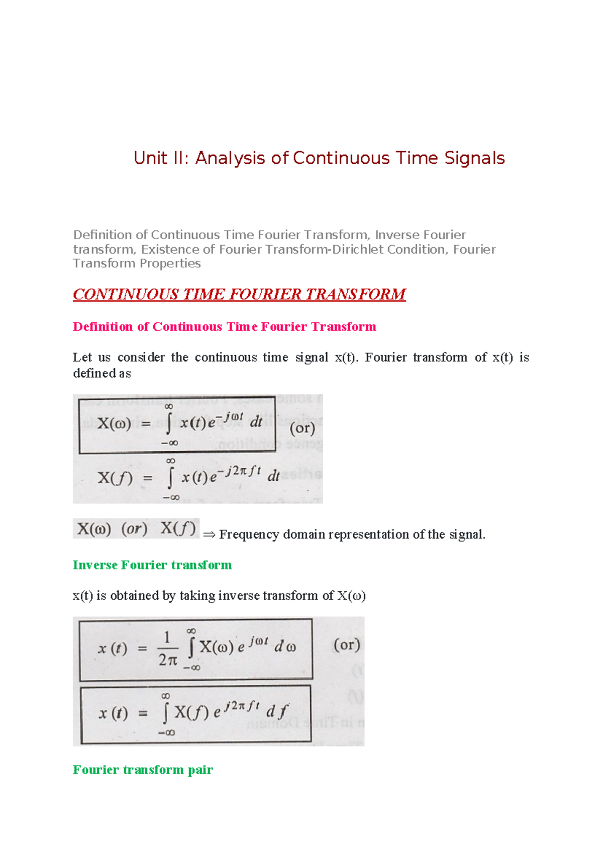 UNIT-2: NOTES ON ANALYSIS OF CONTINUOUS TIME SIGNALS - Studocu