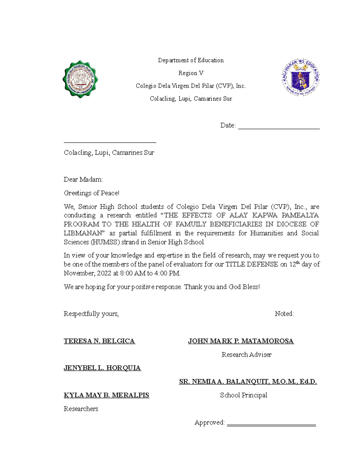 Request Letter for Panel Evaluation of HUMSS Research Project - Studocu