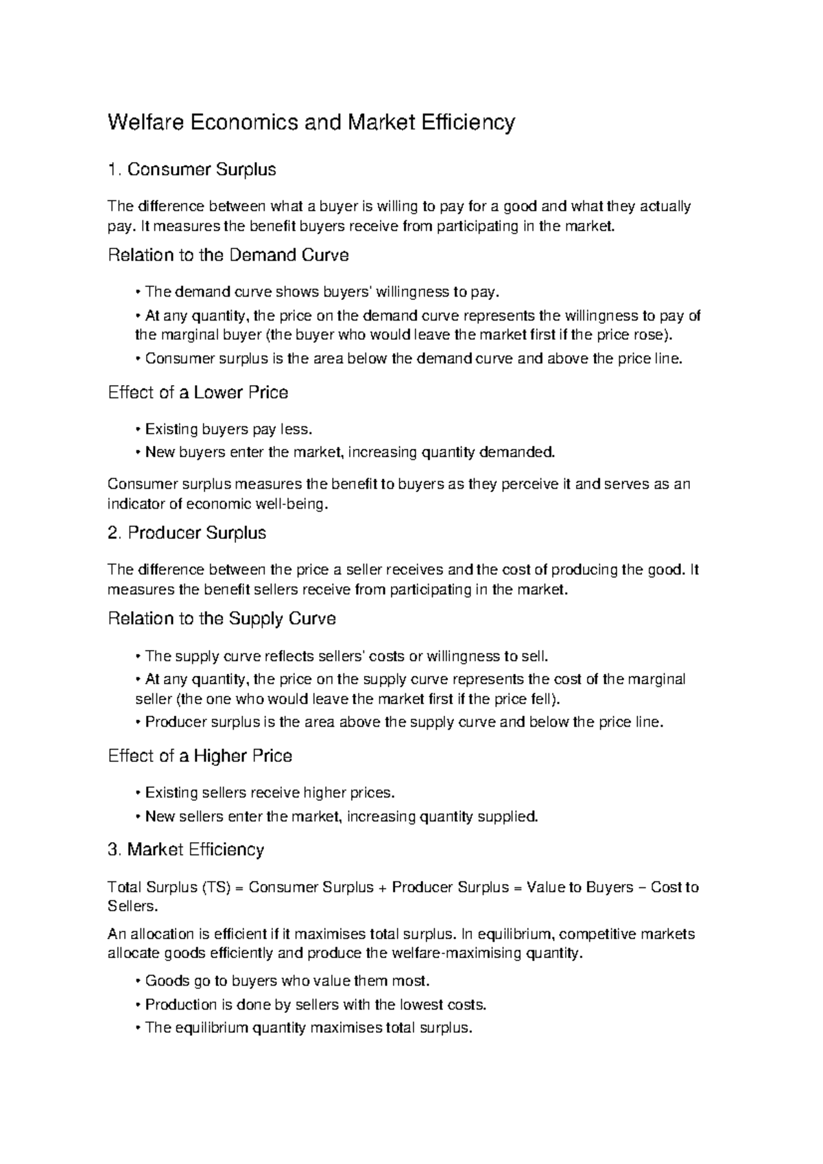 Welfare Economics Notes: Consumer & Producer Surplus Analysis - Studocu