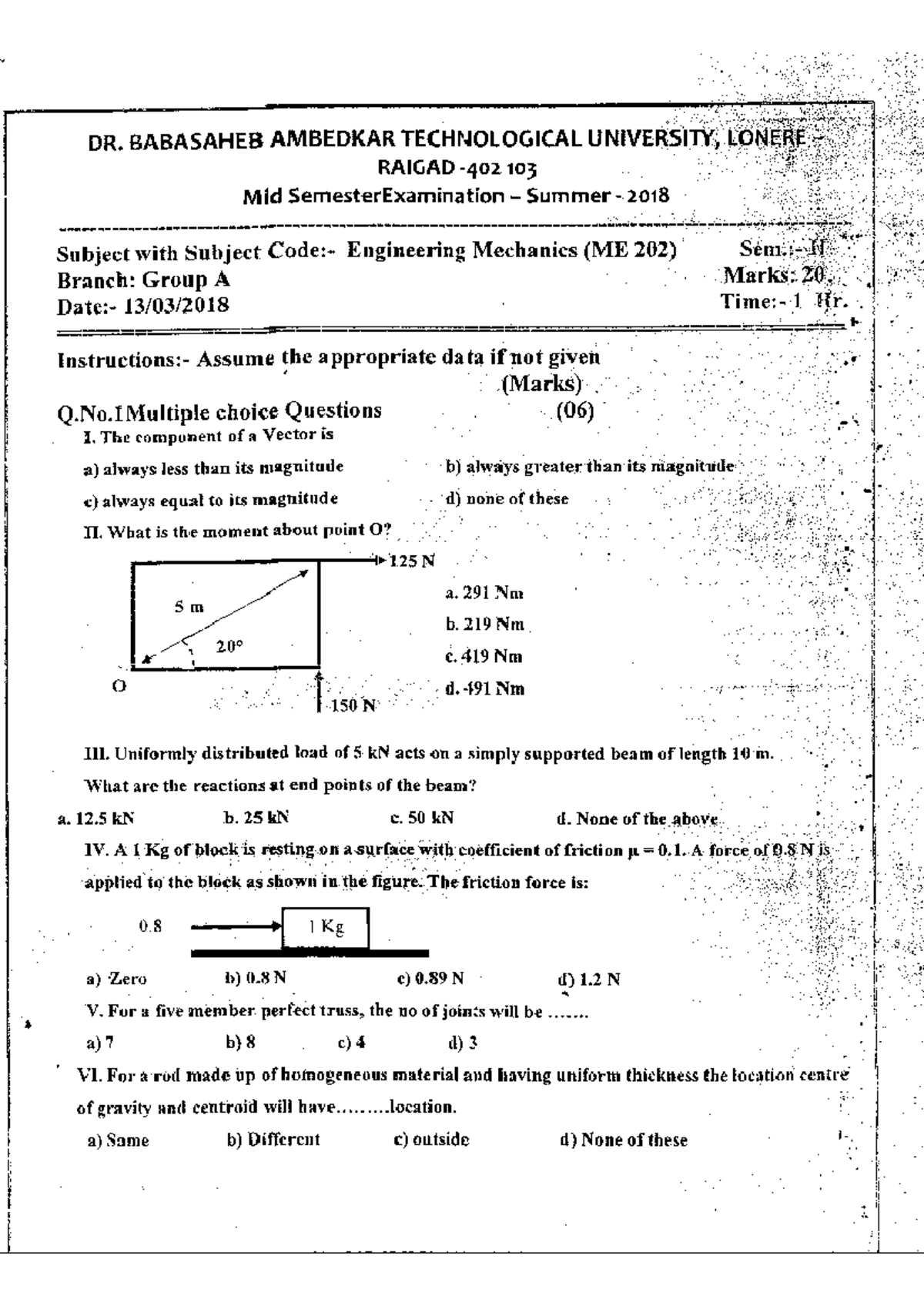 ME 202 Engineering Mechanics Mid Semester Exam Summer 2018 - Studocu