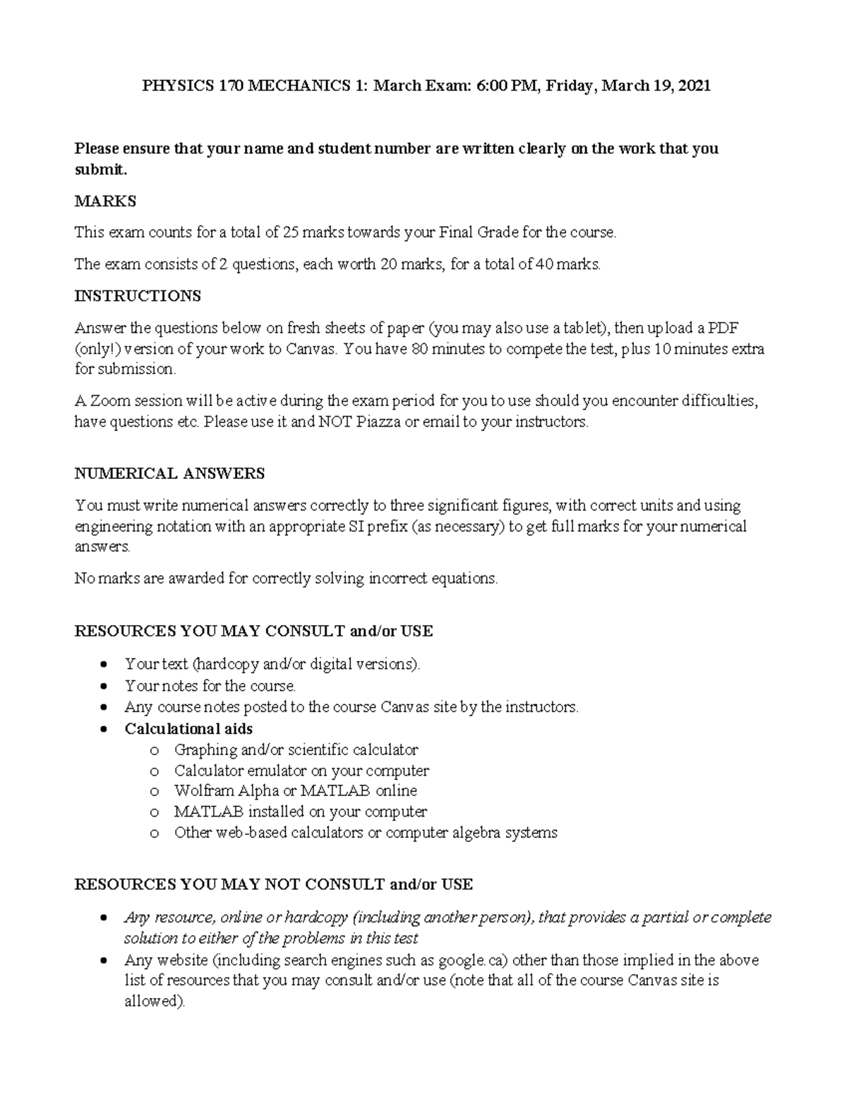 PHYSICS 170 MECHANICS 1: March 2021 Exam Instructions & Questions - Studocu