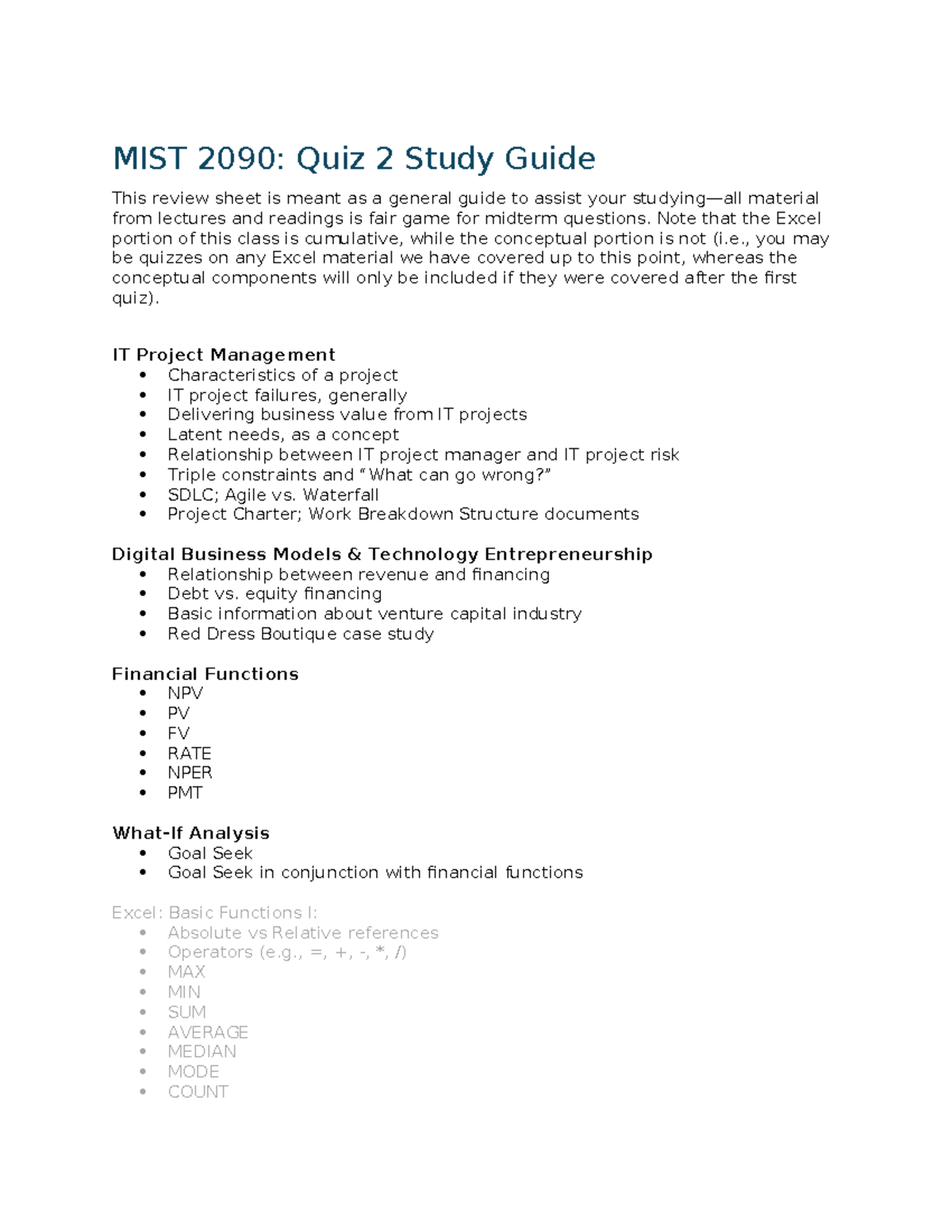 MIST 2090: Quiz 2 Study Guide on IT Project Management Concepts - Studocu