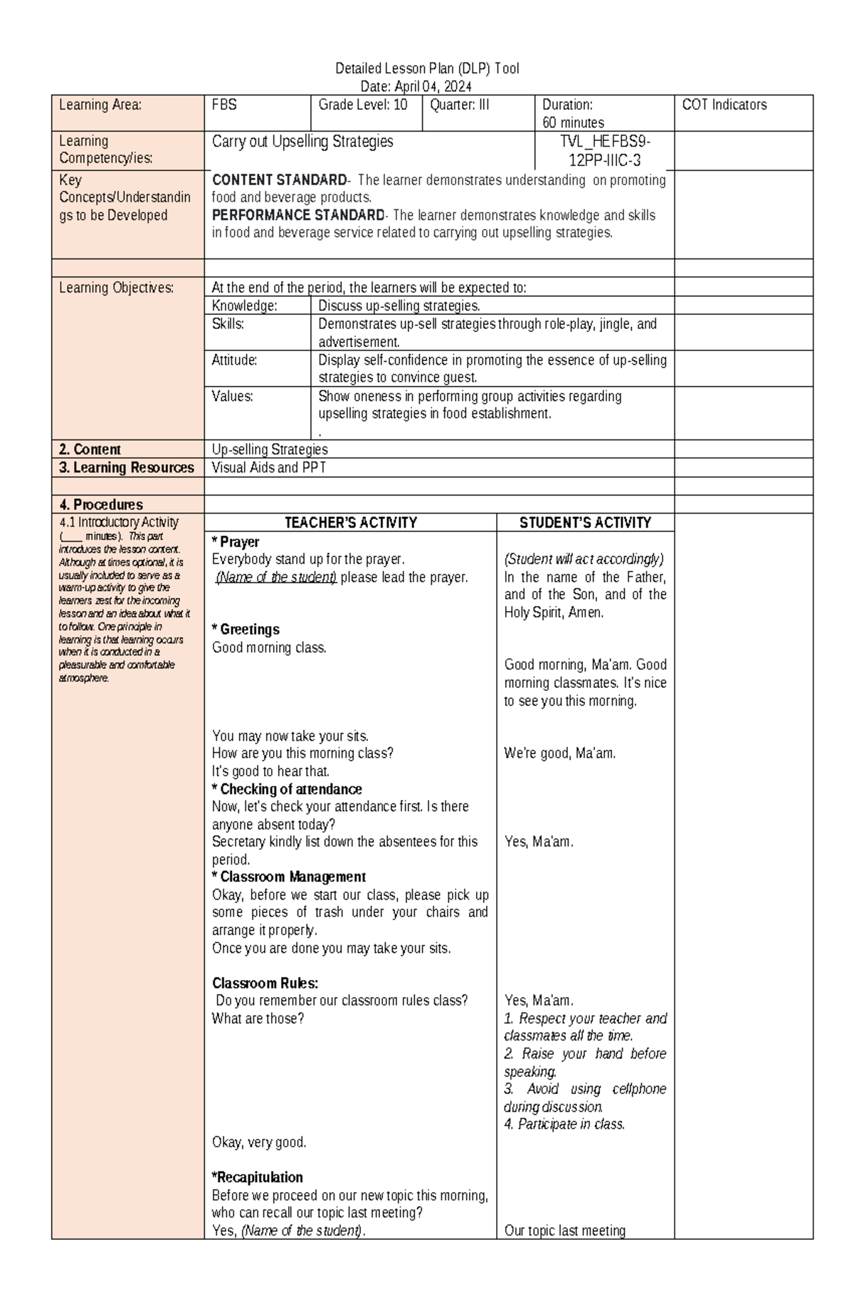 Final Lesson Plan on Upselling Strategies (TVL_HEFBS9-12PP-IIIC) - Studocu