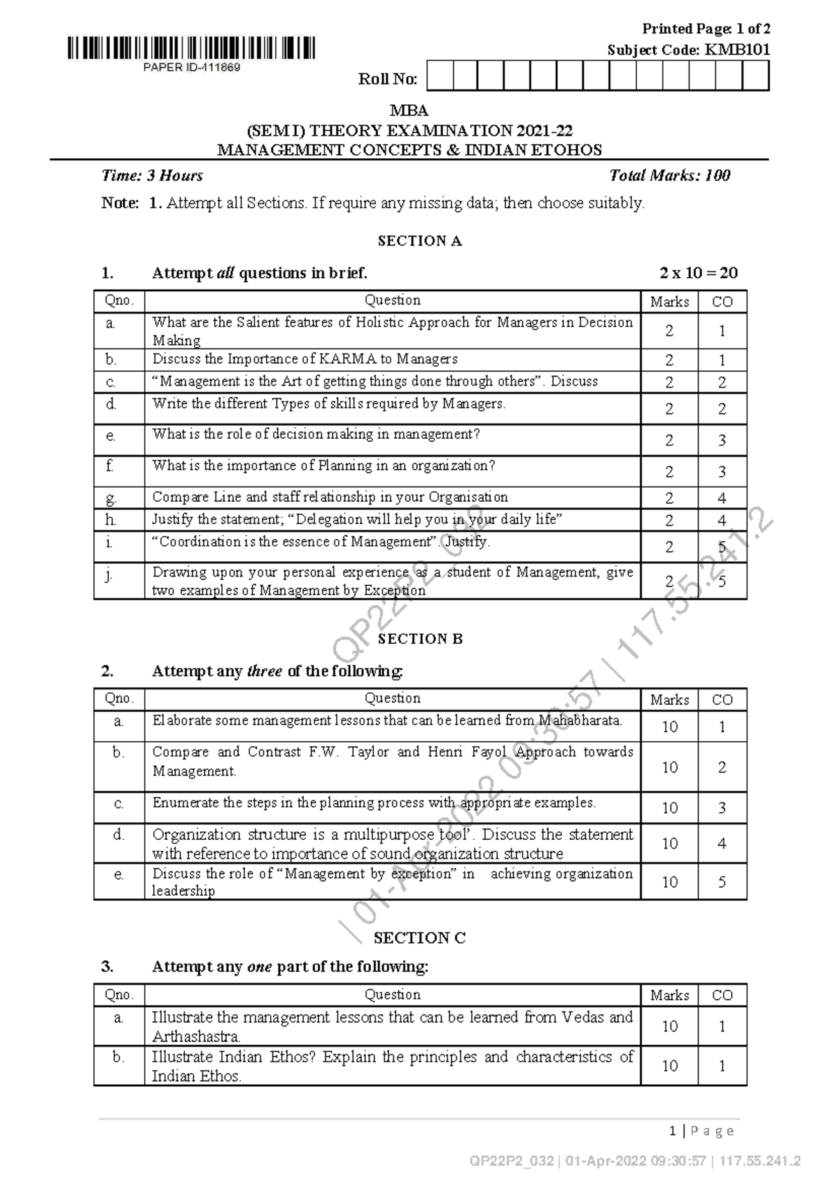 MBA SEM I Management Concepts & Indian Ethos KMB101 Exam Notes - Studocu