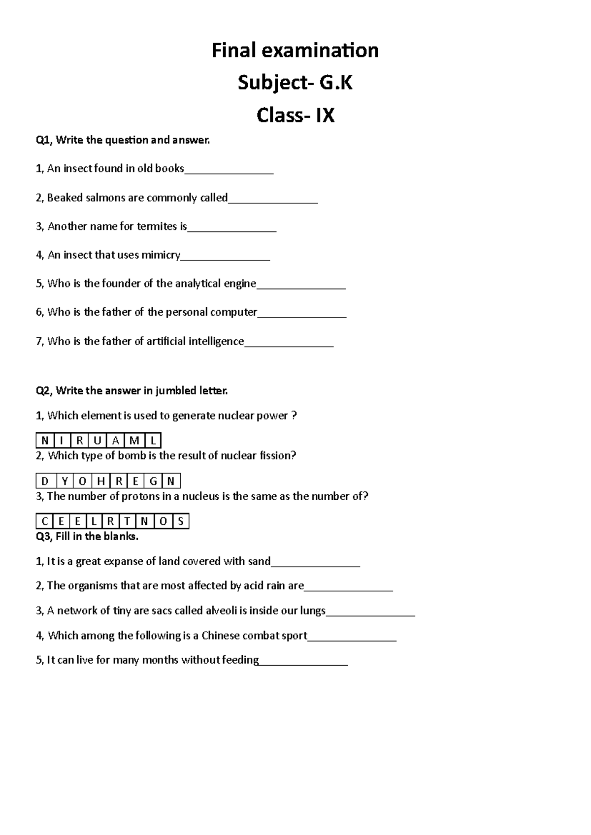 G.K. Final Exam Class IX - Question & Answer Review - Studocu