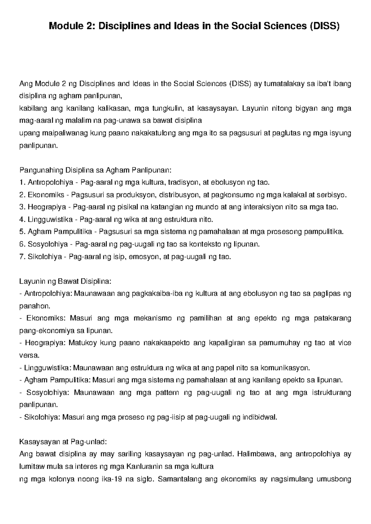 DISS Module 2 Summary - Reviewer - Module 2: Disciplines and Ideas in ...