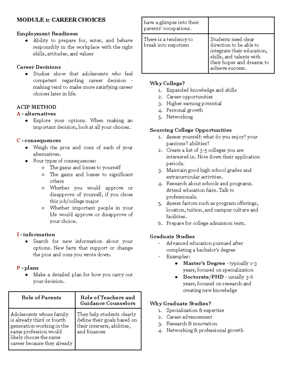 LCS-AM: Module 1 & 2 - Career Choices & Skills Building Guide - Studocu