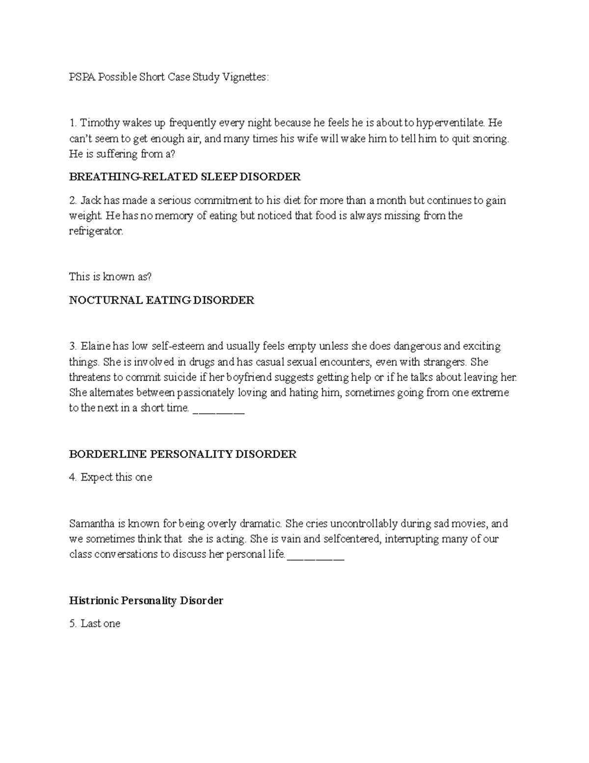Short Case Study Vignettes: PSPA Unit 2-10 on Disorders - Studocu
