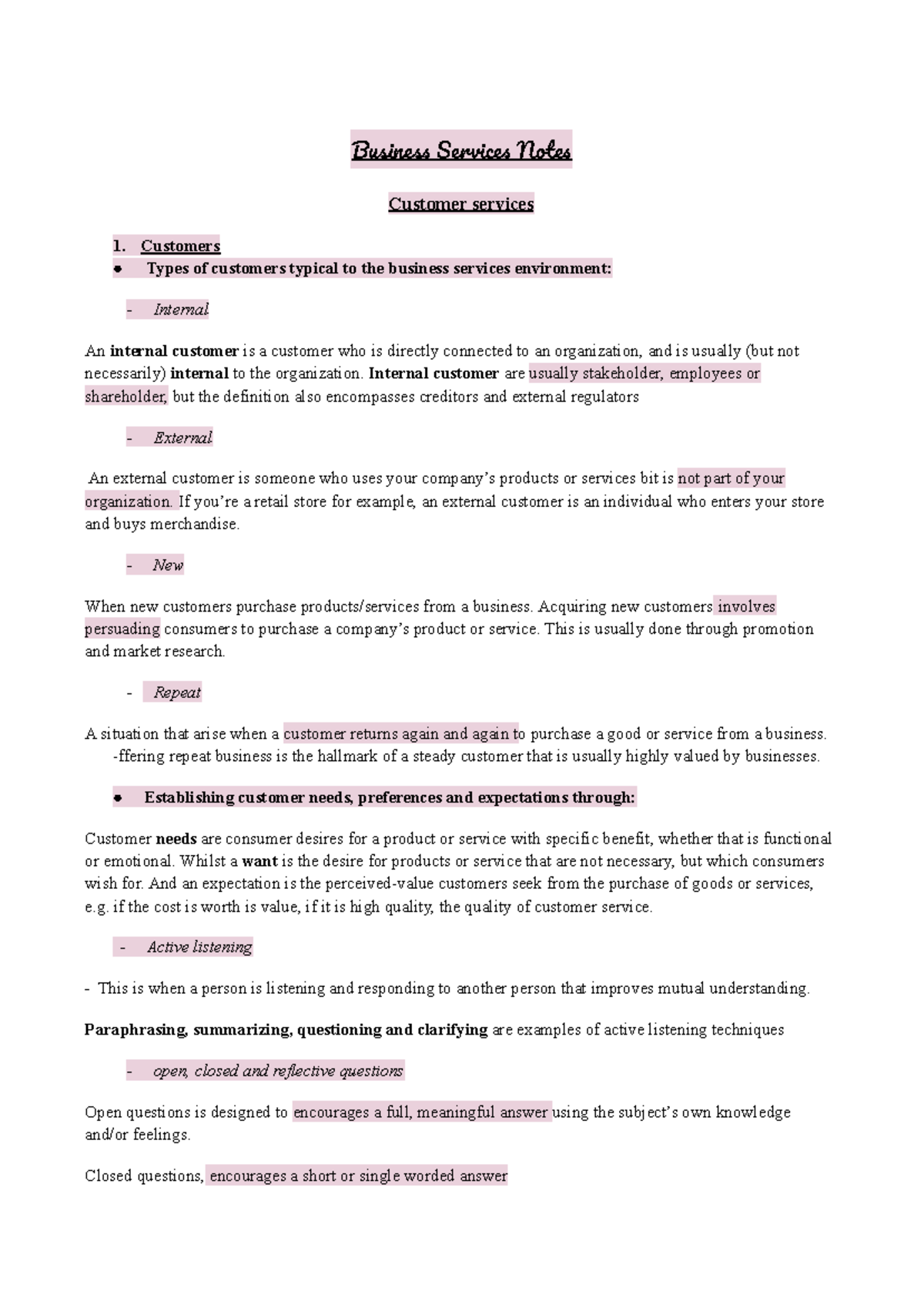 Business Services Notes - Busines Service Note Customer services 1 ...