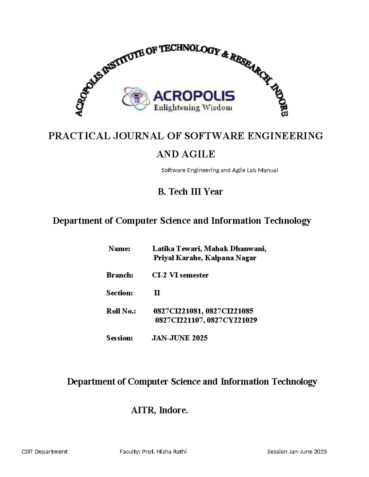 CSIT 601: Software Engineering & Agile Lab Manual - Practical Journal ...