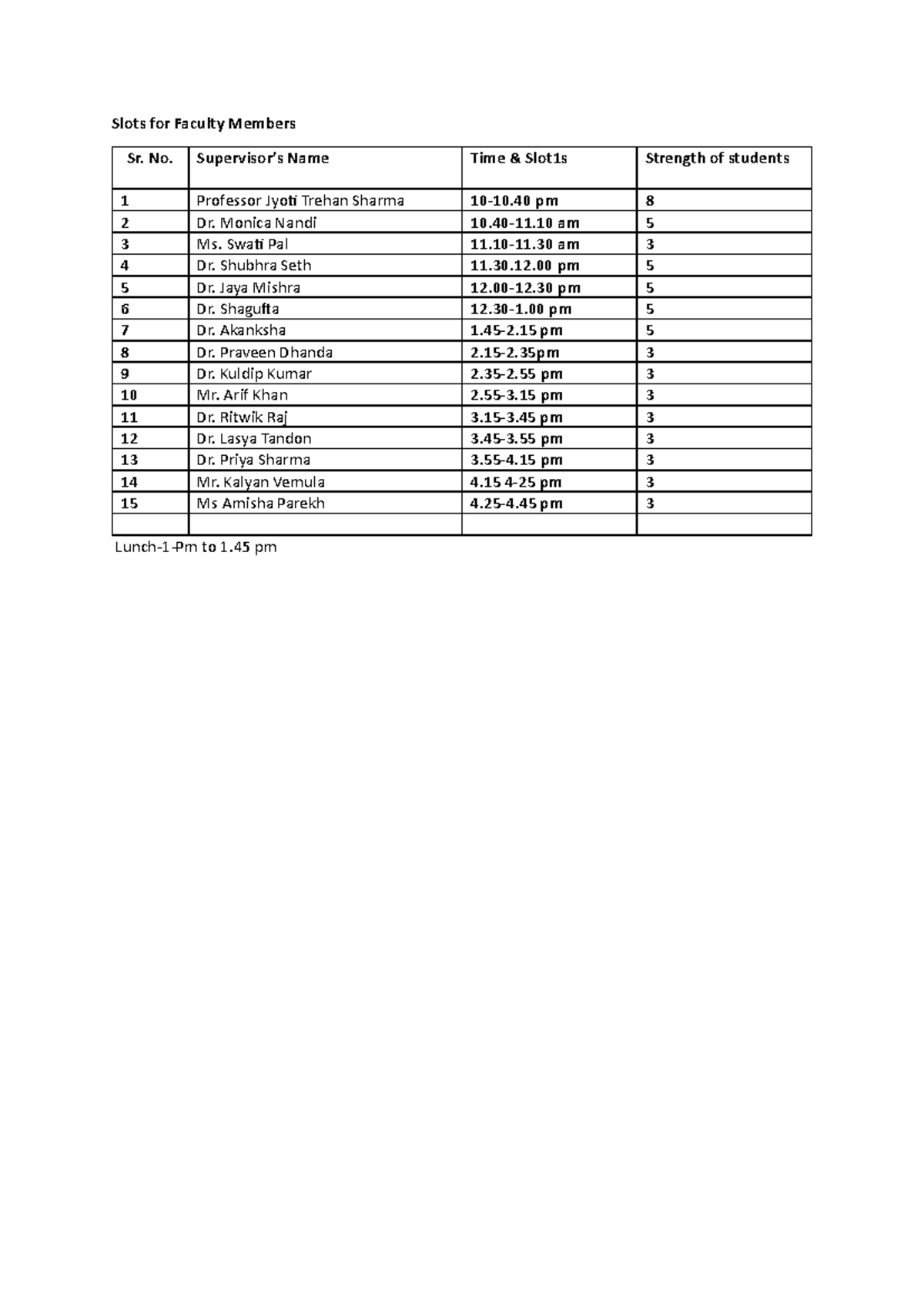 Faculty Member Time Slots and Student Strengths - Studocu
