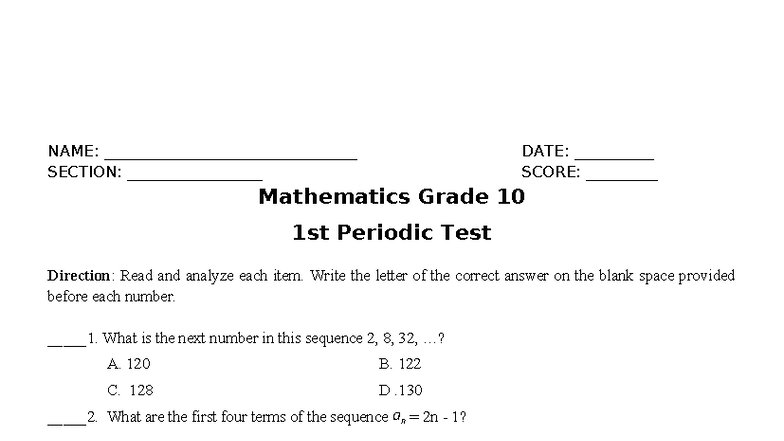 Mathematics Grade 10 1st Periodic Test Q1 - Answer Key and Solutions ...