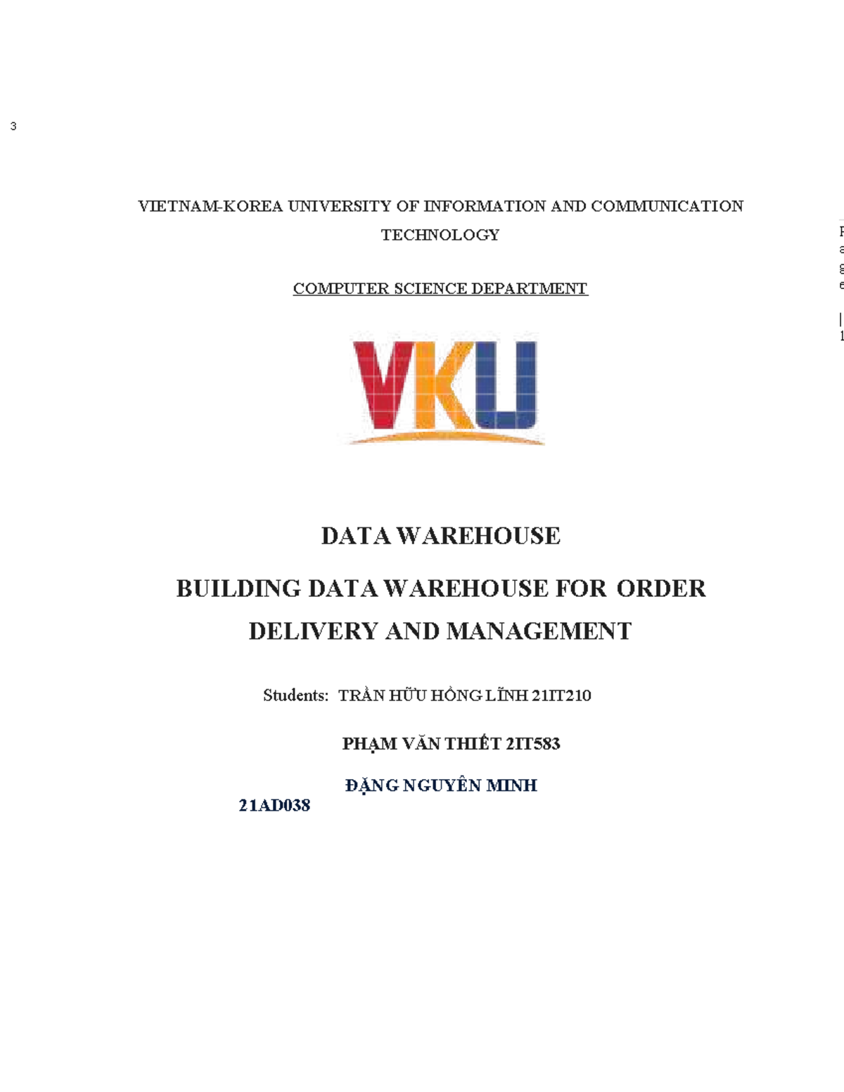 Data Warehouse Project Report for Order Delivery Management (21IT210 ...