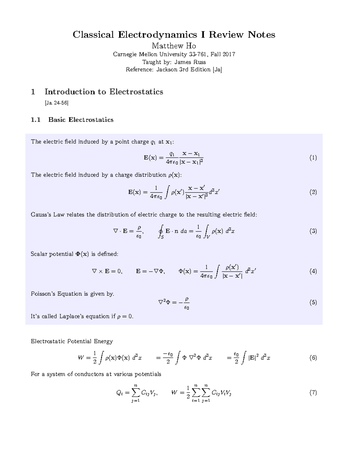 Classical Electrodynamics I Review Notes (Fa17) - Studocu