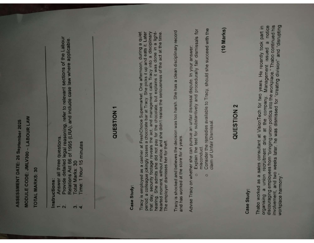 Labour Law Assessment (JMLV300): Unfair Dismissal Case Studies - Studocu