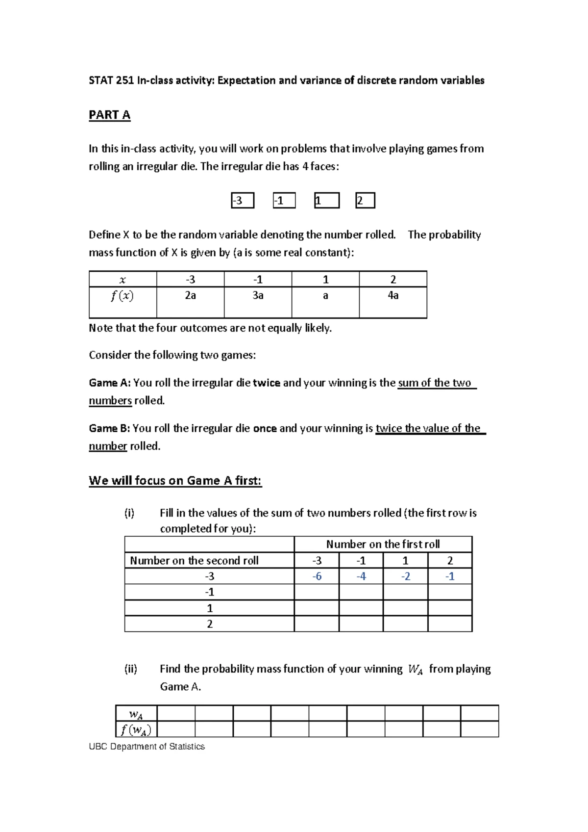 1 STAT 251 Activity: Expectation & Variance of Discrete Random ...