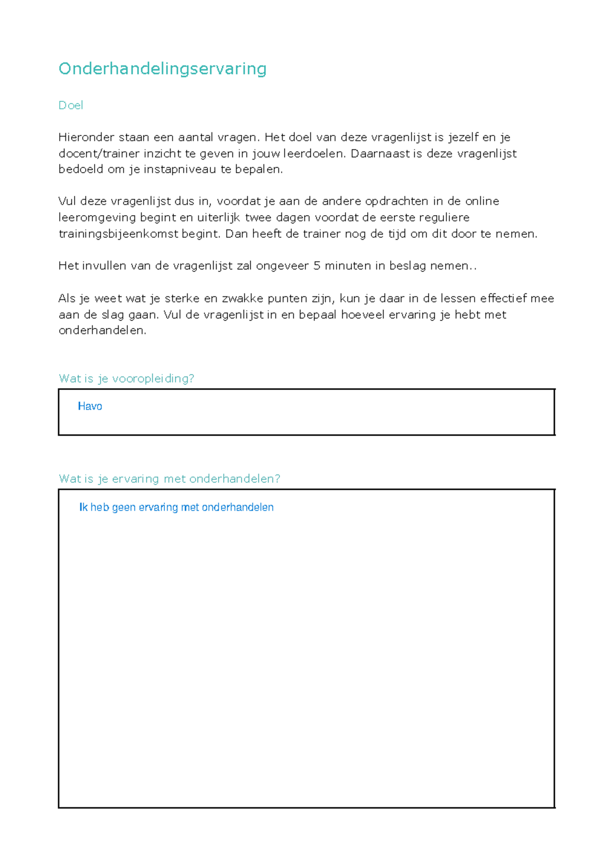 Formulier Onderhandelingservaring en Leerdoelen Evaluatie - Studeersnel