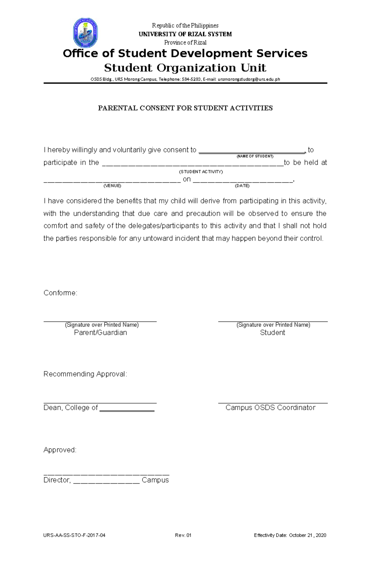 URS AA SS STO F 2017 04 Parental Consent FOR Student Activities ...