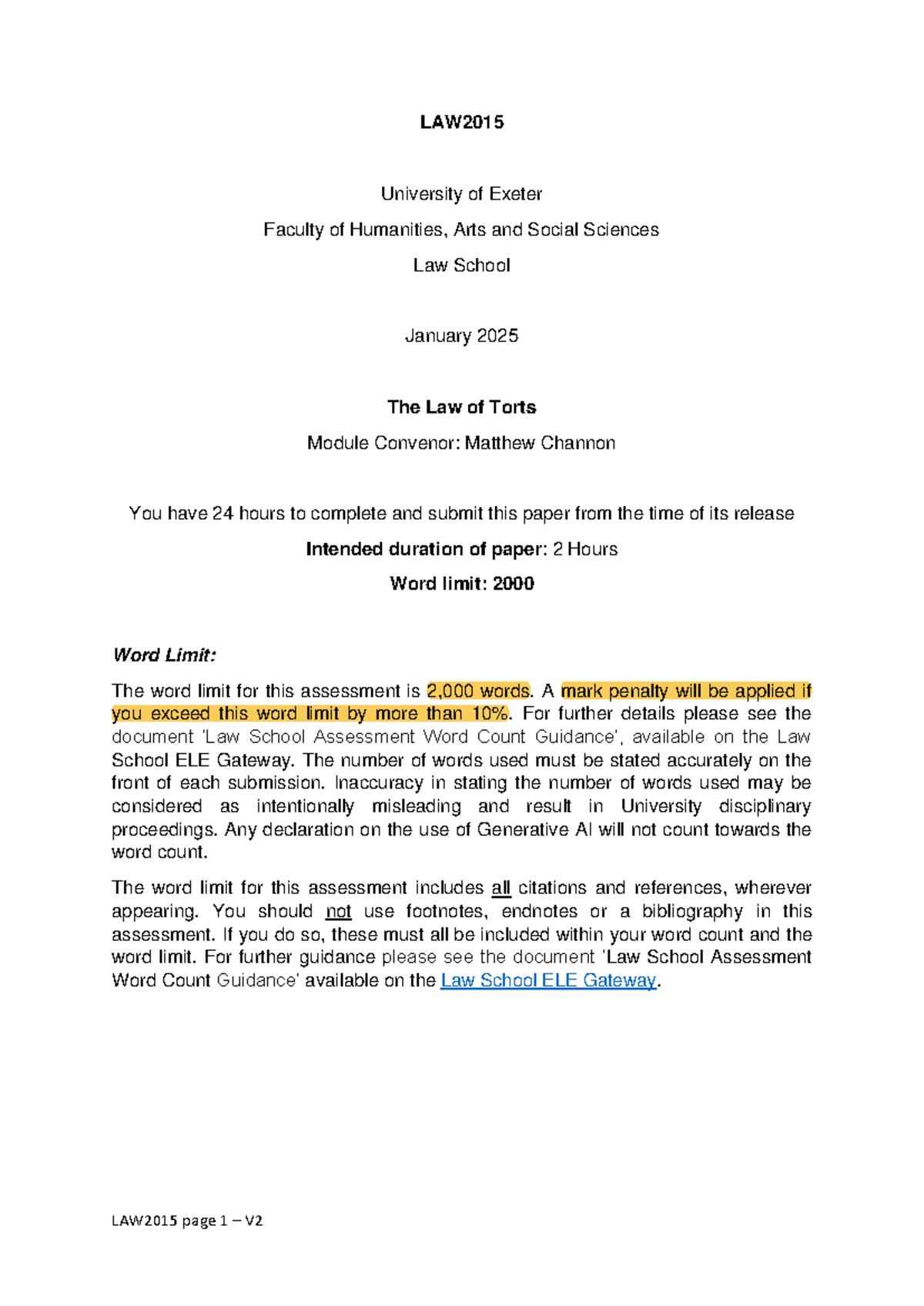 LAW2015-Final Exam Paper - The Law of Torts - Jan 2025 - Studocu