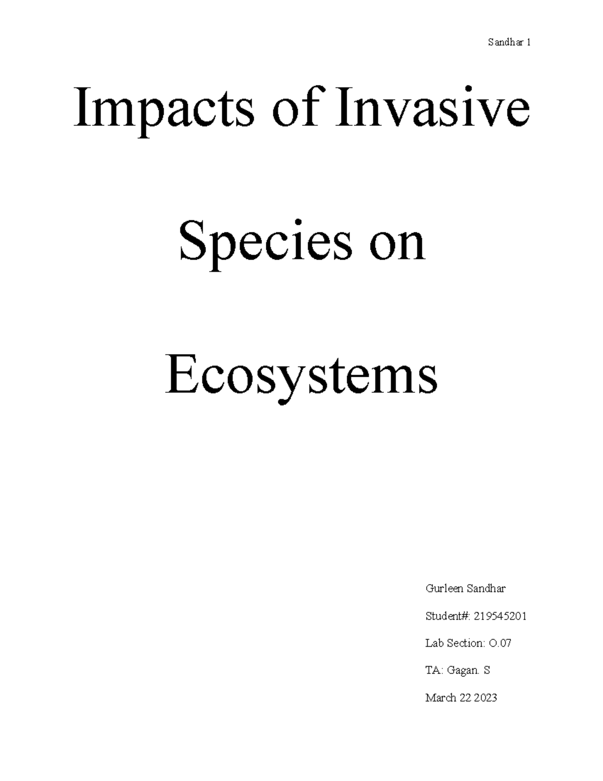 Biology 1001 Lab 4 Report: Effects of Invasive Species on Ecosystems ...