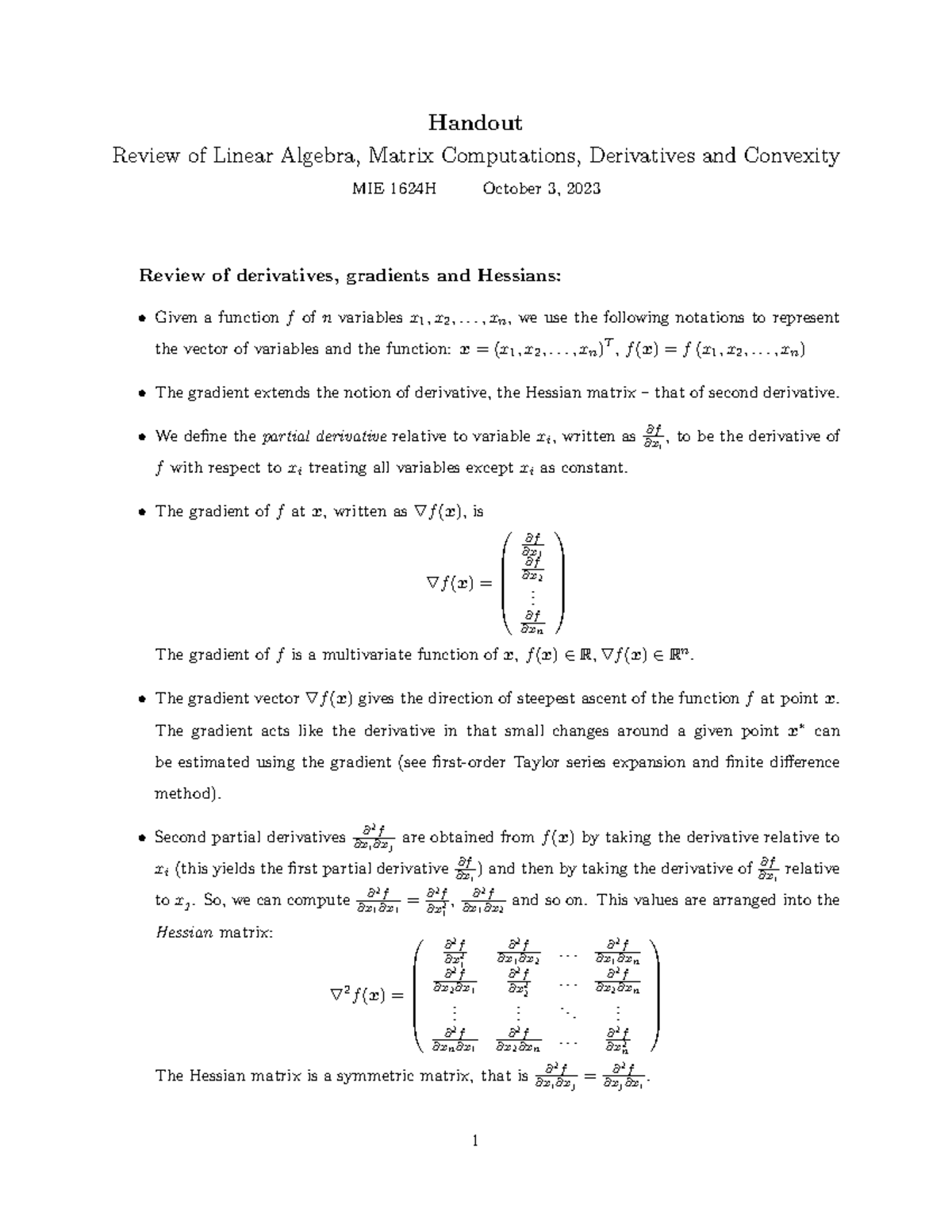 Handout: Review of Linear Algebra & Convexity MIE 1624H - Studocu