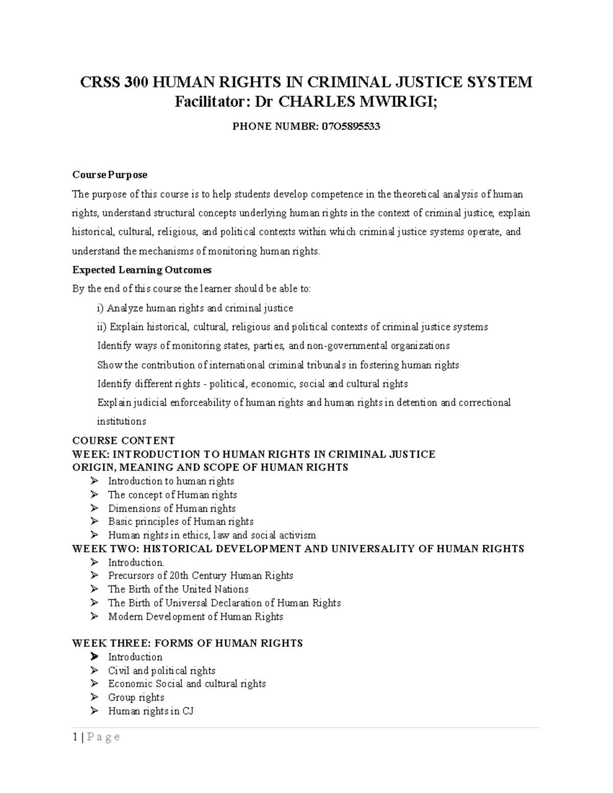 CRSS 300 Human Rights in the Criminal Justice System Outline - Studocu