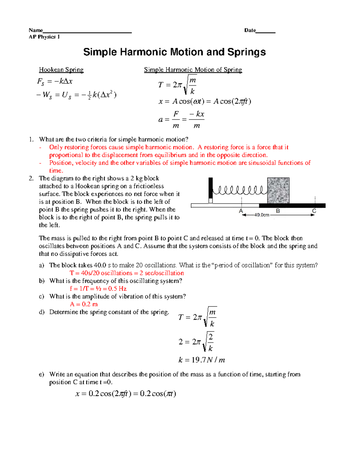 SHM Worksheet - AP Physics 1 Notes on Simple Harmonic Motion - Studocu