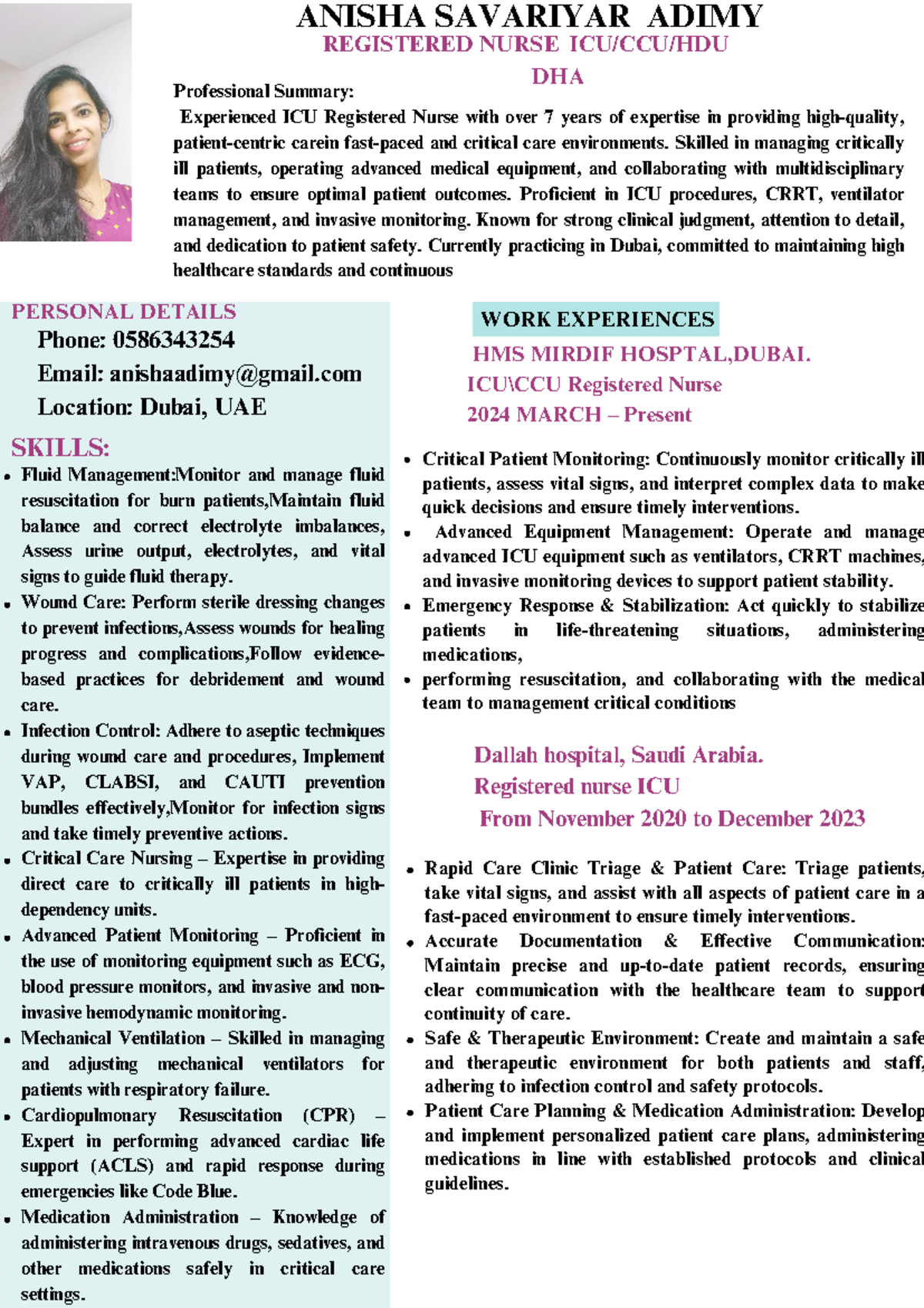 Anisha Adimy CV - Ansiha - ANISHA SAVARIYAR ADIMY REGISTERED NURSE ICU ...