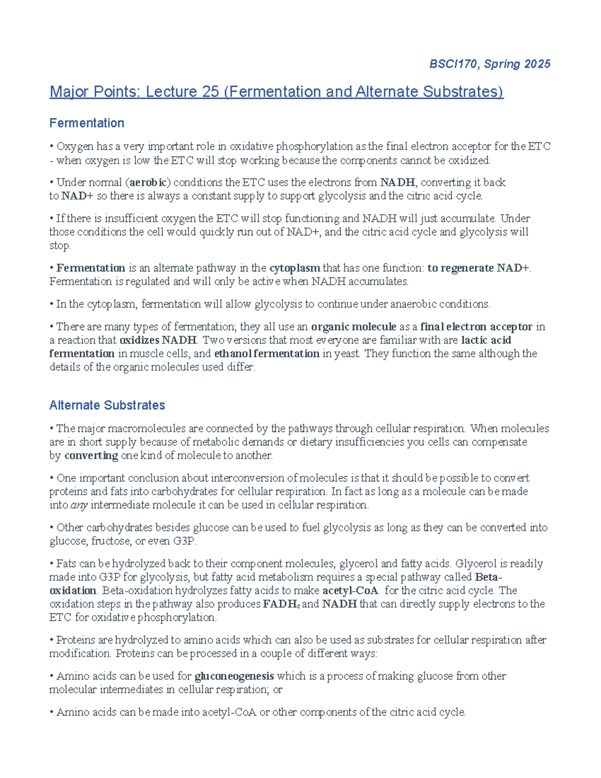 BSCI170: Lecture 25 Notes - Fermentation & Alternate Substrates - Studocu