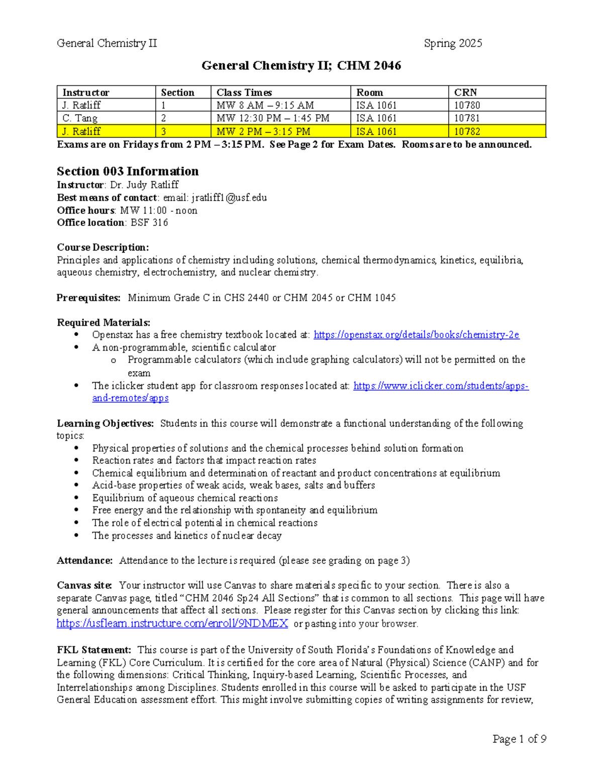 CHM 2046 Syllabus Sp 25 MW 003jr - General Chemistry II; CHM 2046 ...