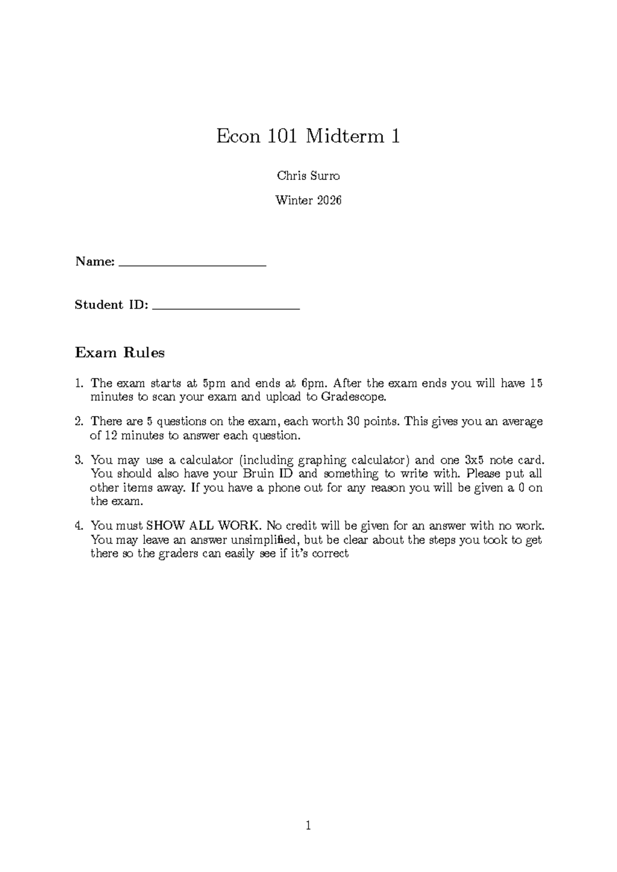 Econ 101 Practice Midterm 1 Guidelines & Questions Winter 2026 - Studocu