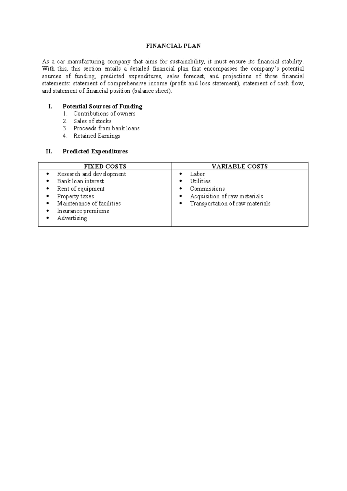 sample financial plan - FINANCIAL PLAN As a car manufacturing company ...