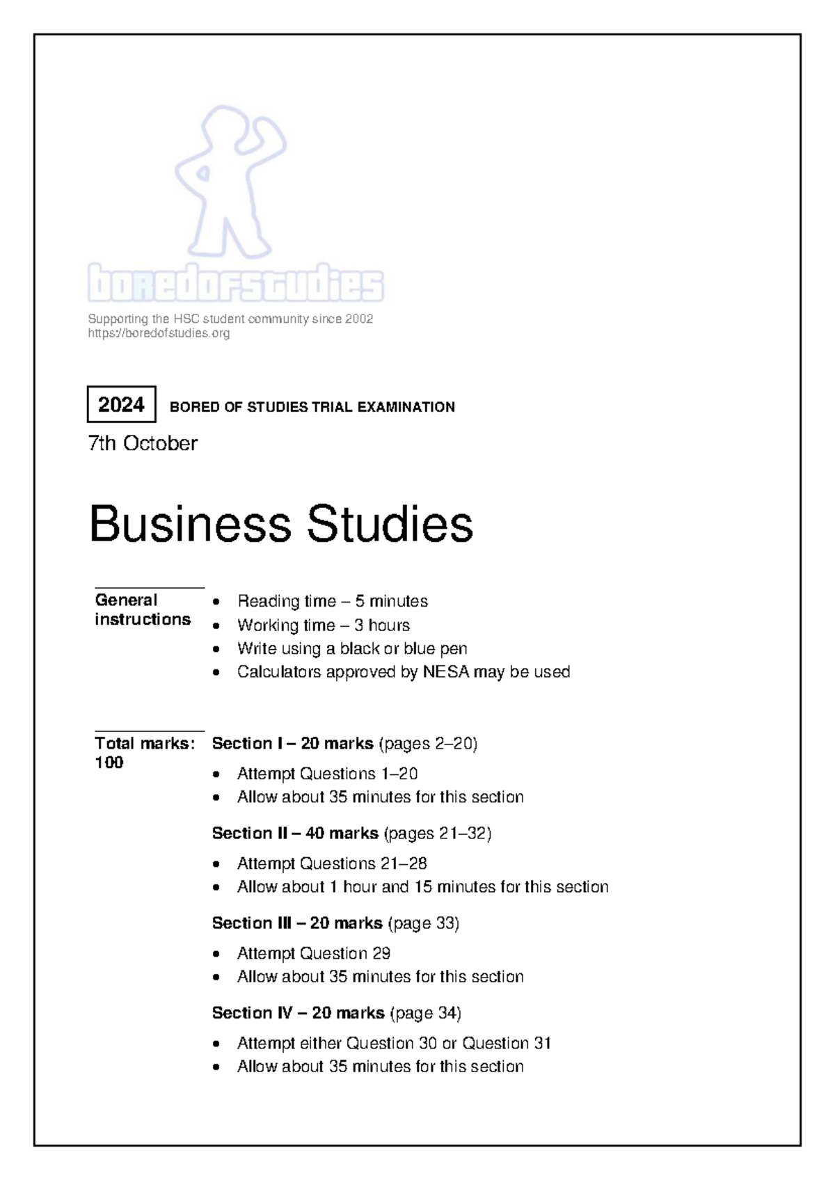 2024 BORED OF STUDIES TRIAL EXAMINATION: BUSINESS STUDIES - Studocu