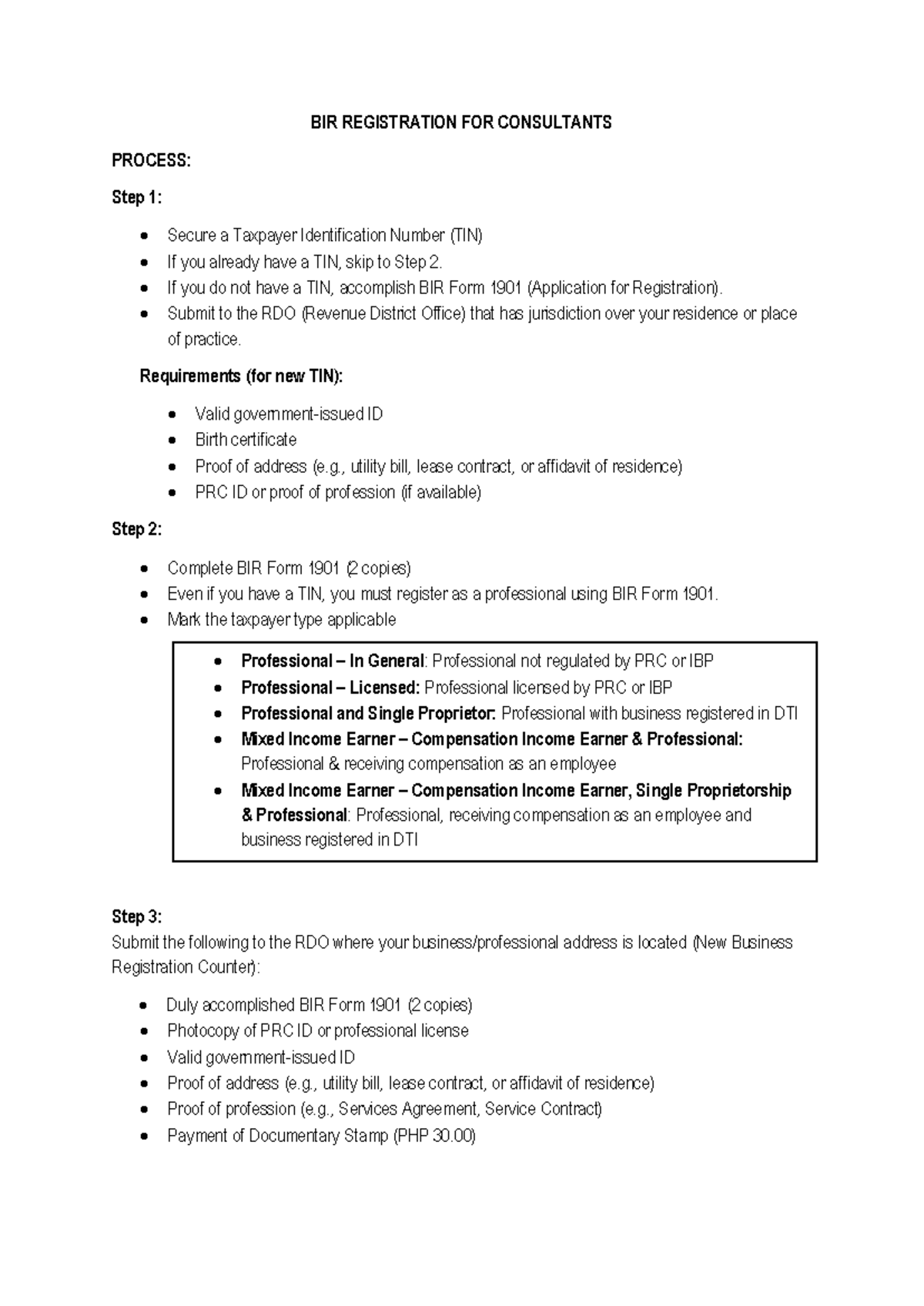 BIR Registration Process for Consultants: Step-by-Step Guide - Studocu