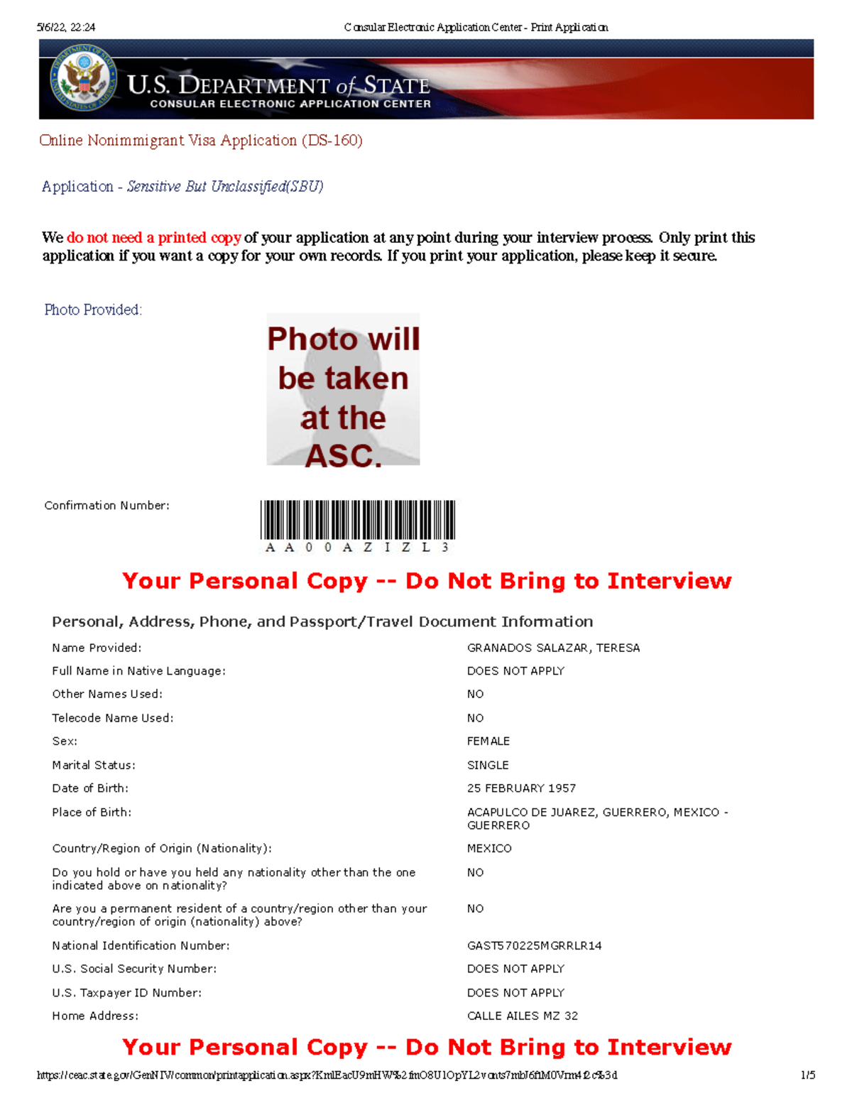 DS-160 Online Nonimmigrant Visa Application - Personal Copy - Studocu