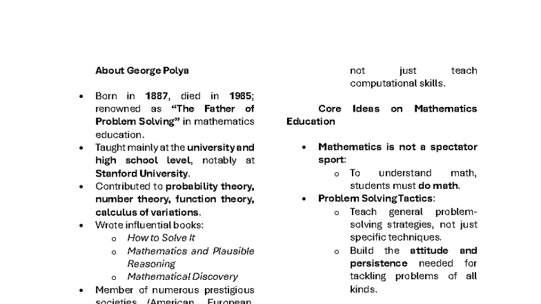 George Polya: Insights on Problem Solving in Math Education - Studocu