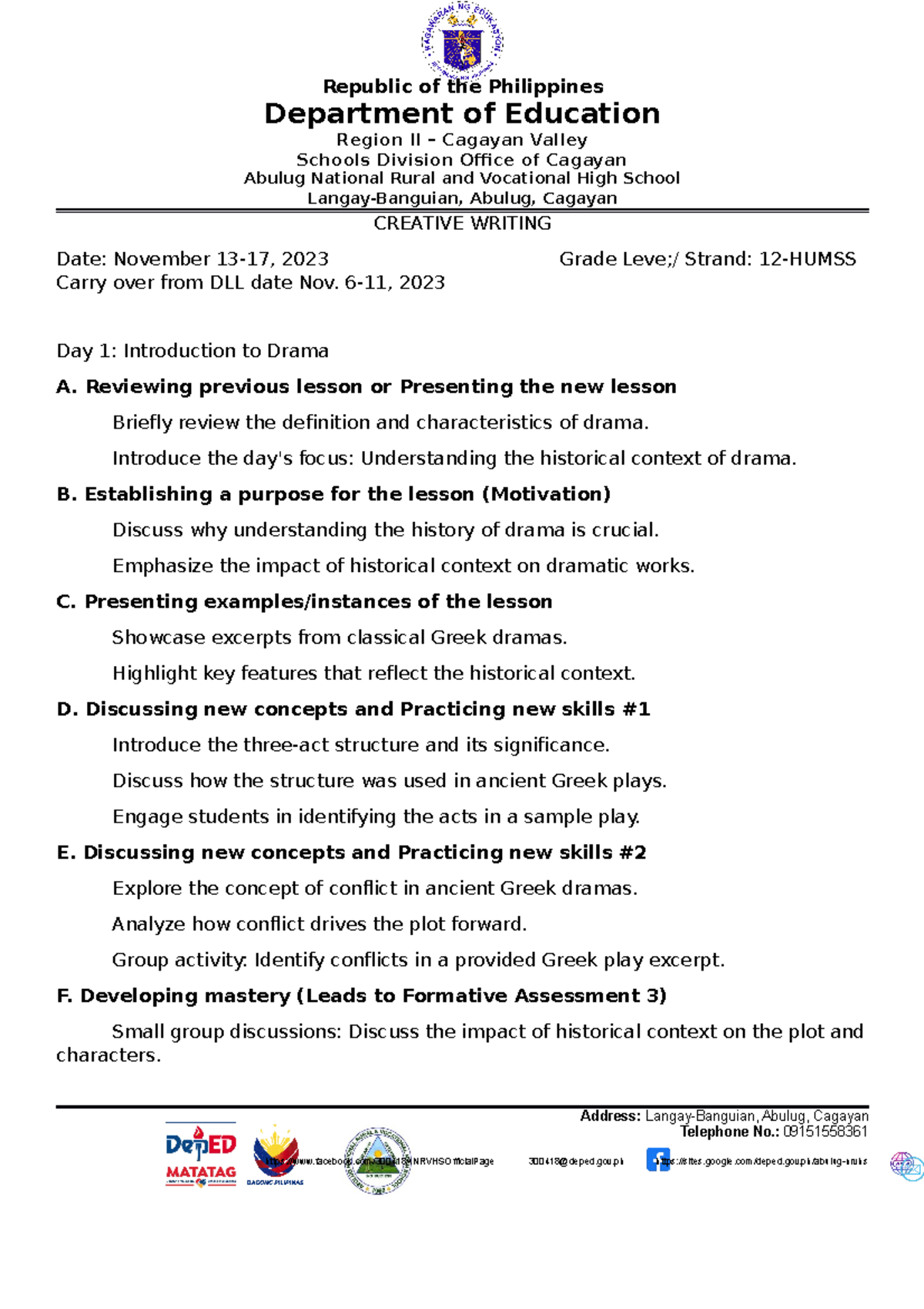 Creative Writing 12-HUMSS DLL: Understanding Drama Elements - Studocu