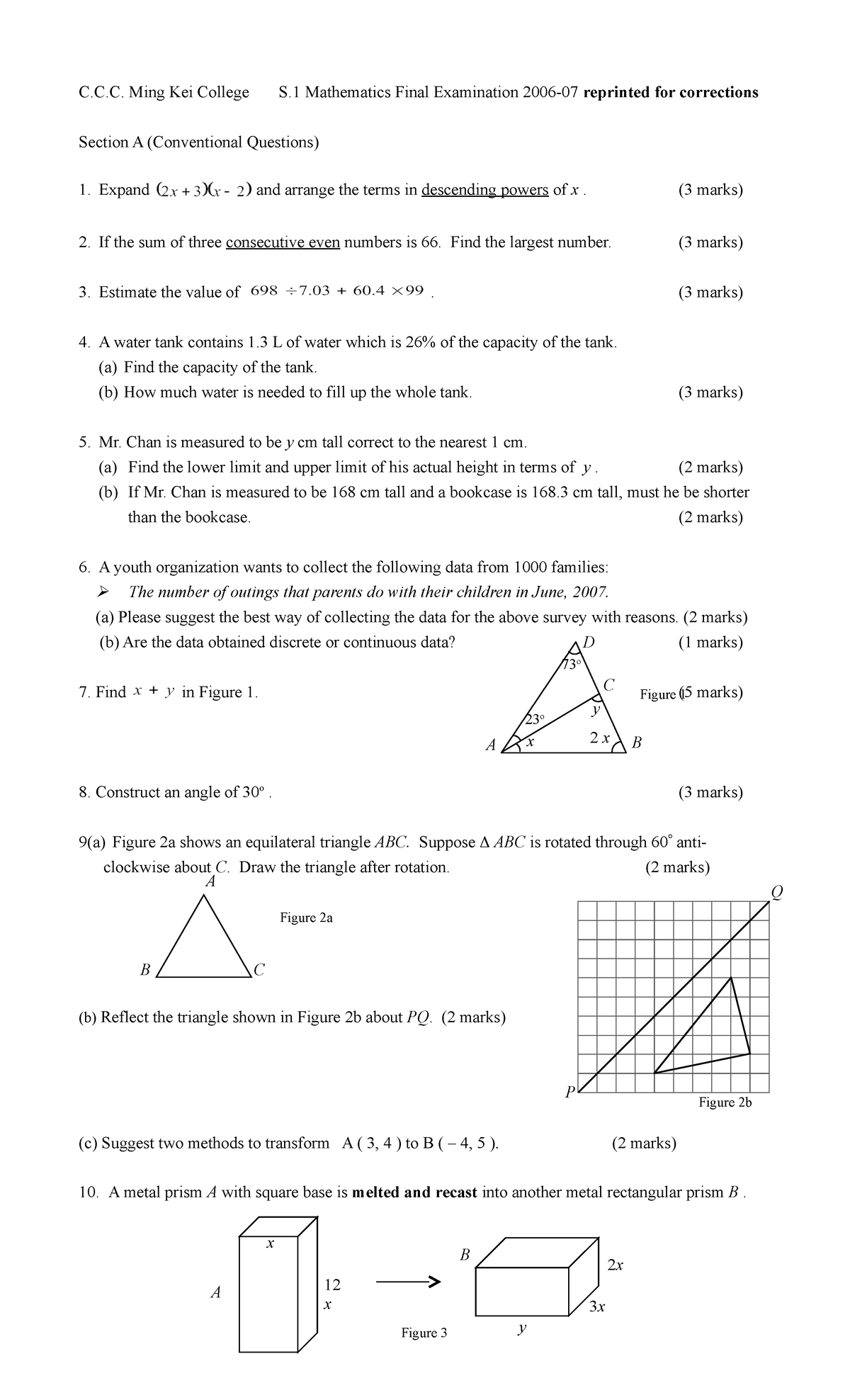 S.1 Mathematics Final Exam 067 Reprint for Corrections - Studocu