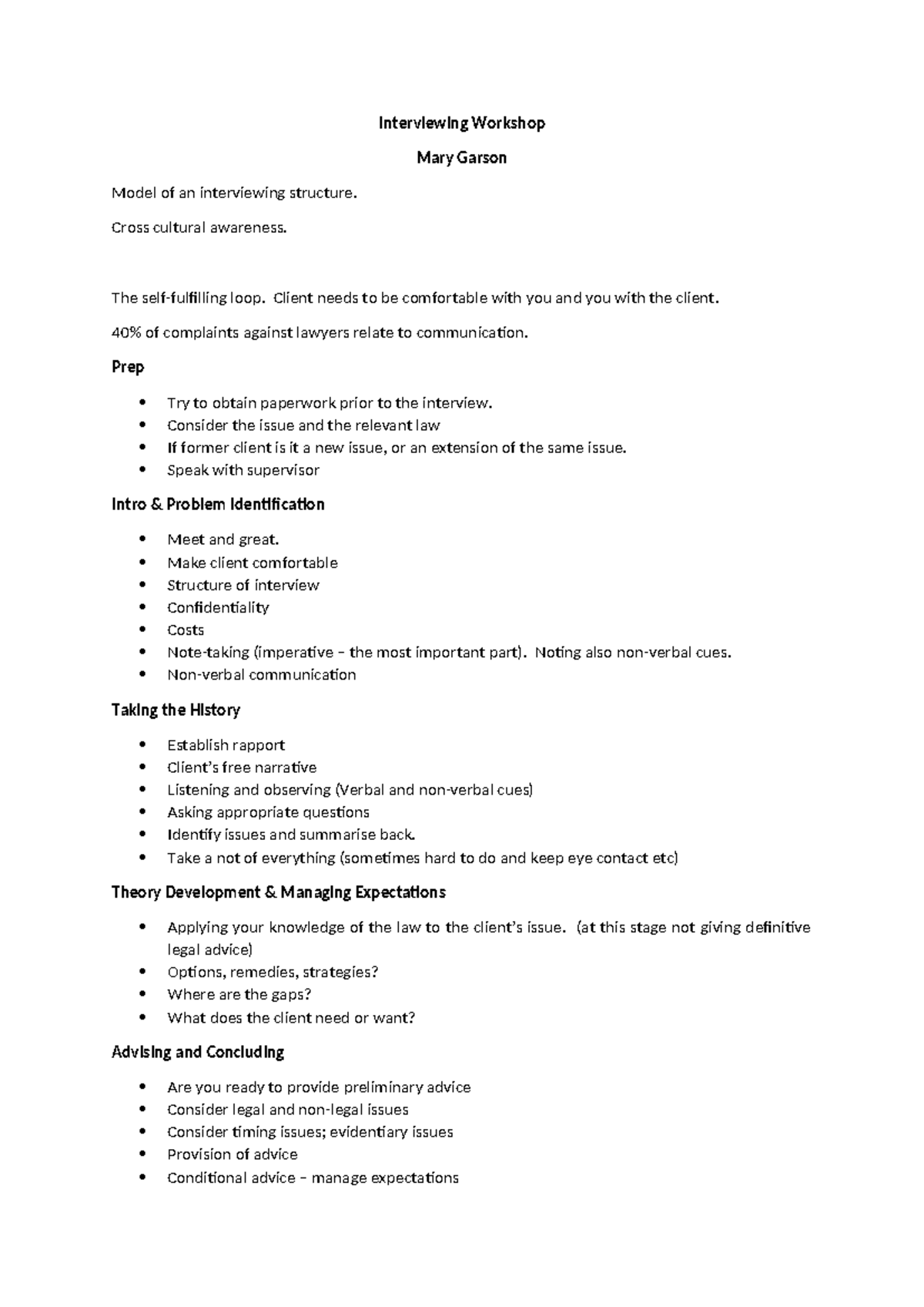 Interviewing Workshop Notes: Mary Garson Model & Client Communication ...