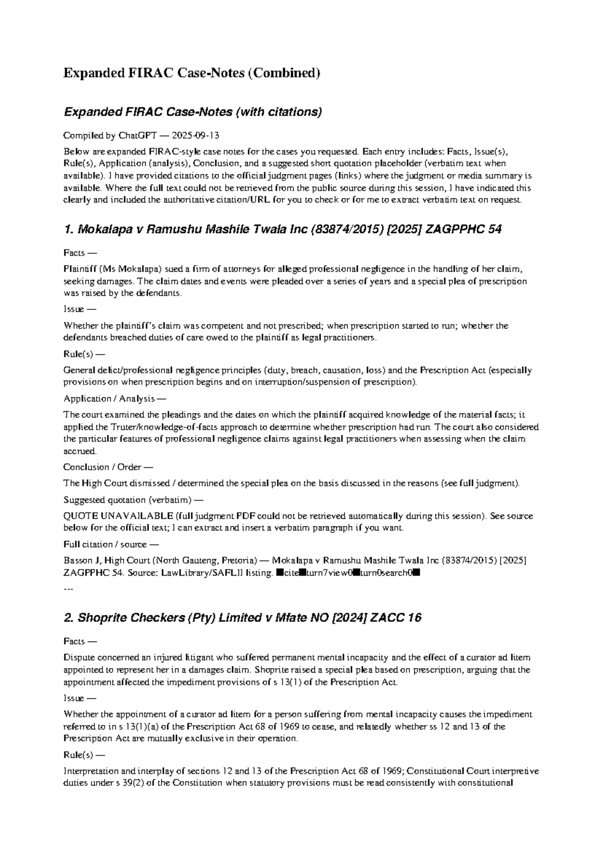 Combined FIRAC Case Notes with Citations for Legal Studies - Studocu