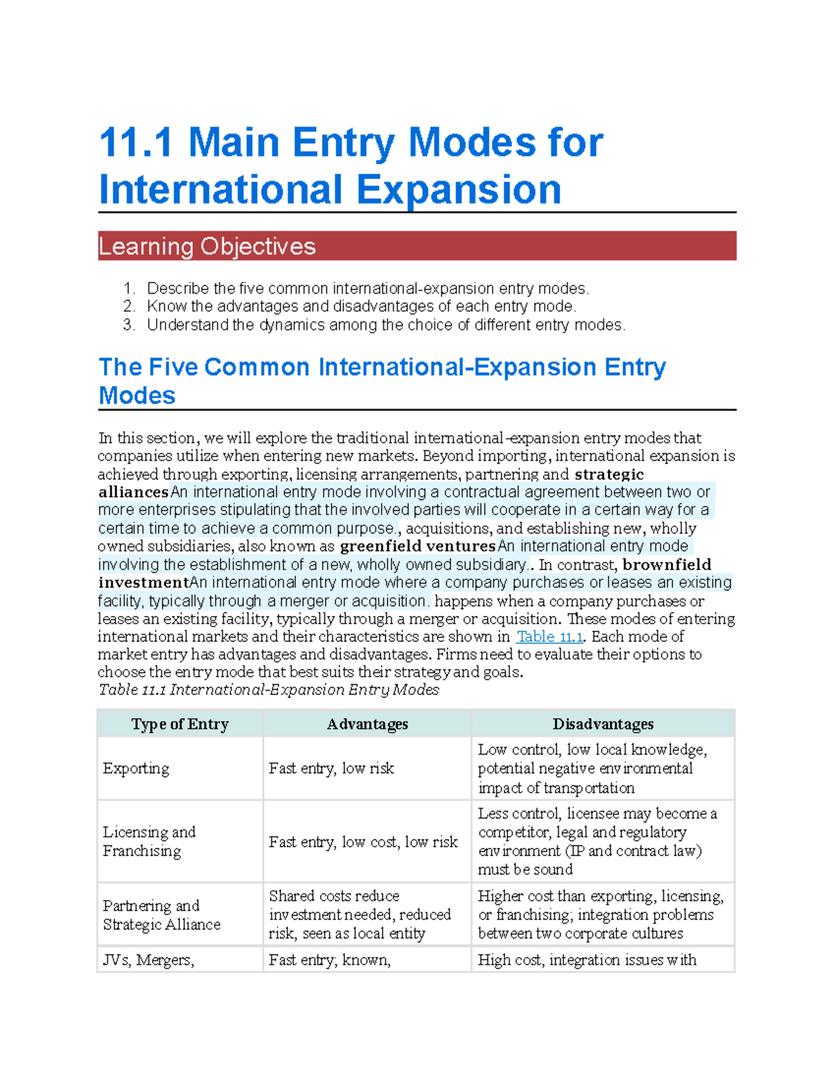 11.1 Entry Modes for Global Expansion: Advantages & Disadvantages - Studocu