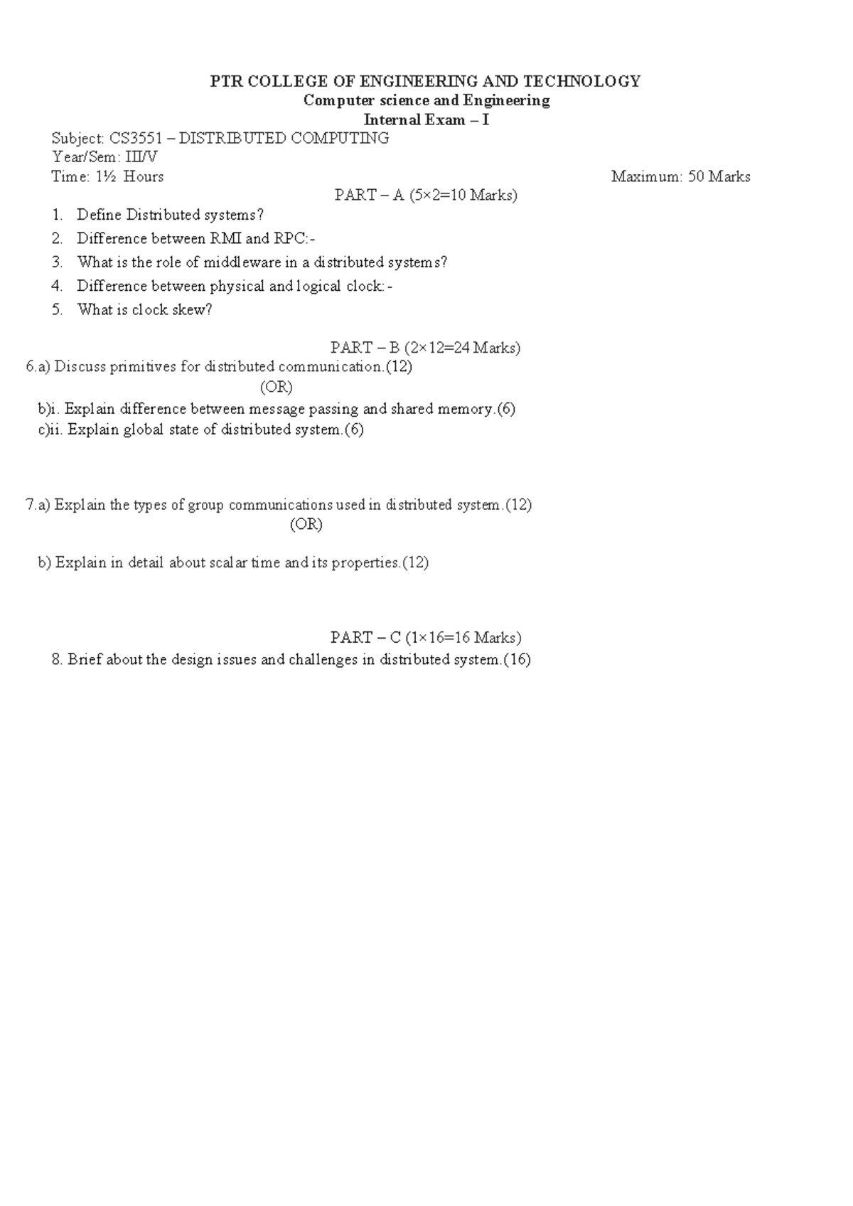 CS3551 Distributed Computing Internal Exam I - Study Guide - Studocu