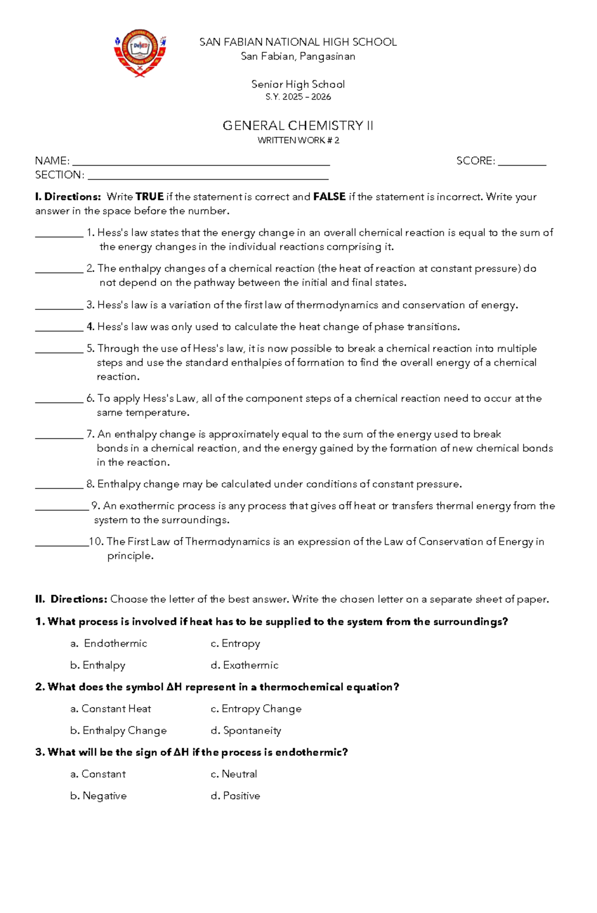 Genchem 2 Written Work 2: True/False & Multiple Choice Questions - Studocu