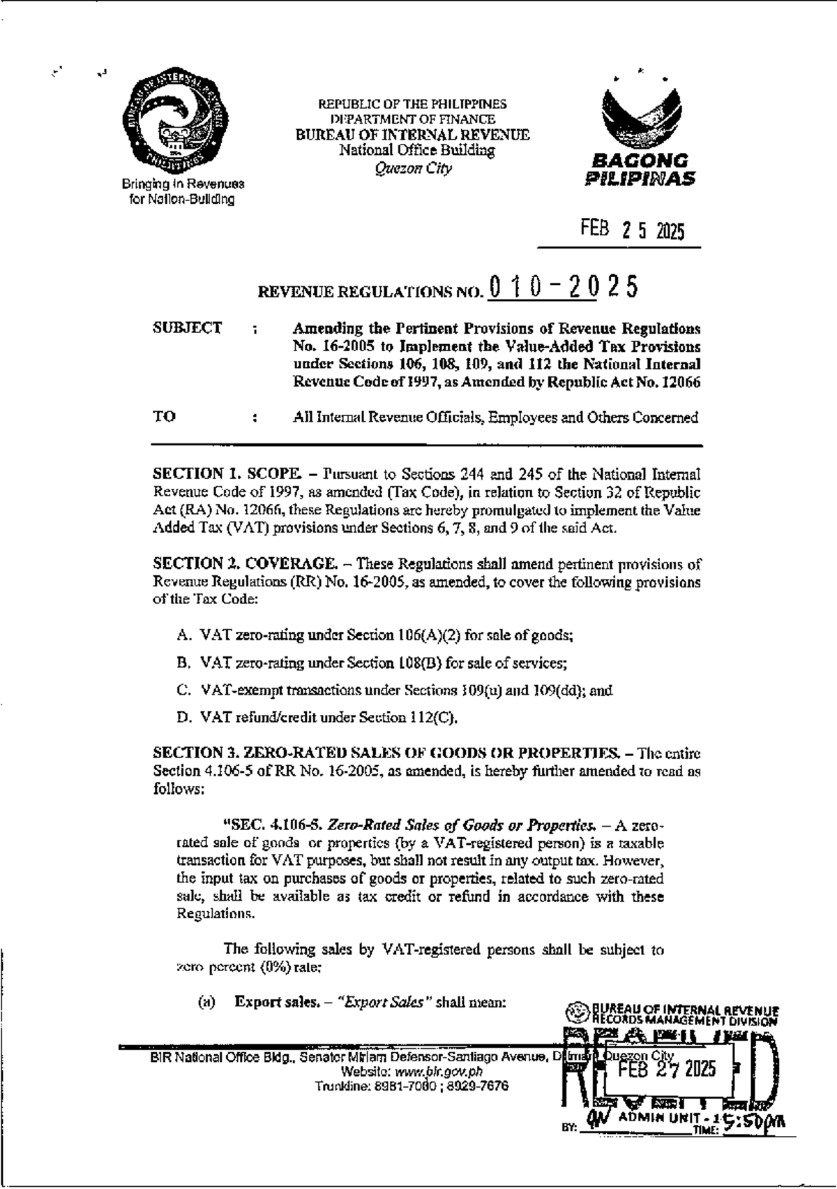 RR No. 10-2025: BIR Regulations on Zero-Rated Sales Overview - Studocu