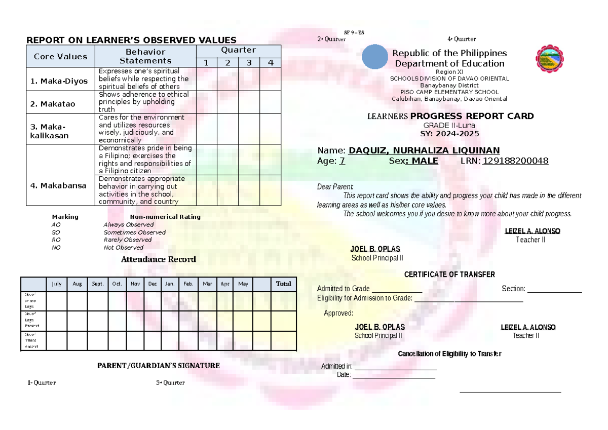 SF9 Learner Progress Report Card for Grade 1 - SY 2024-2025 - Studocu