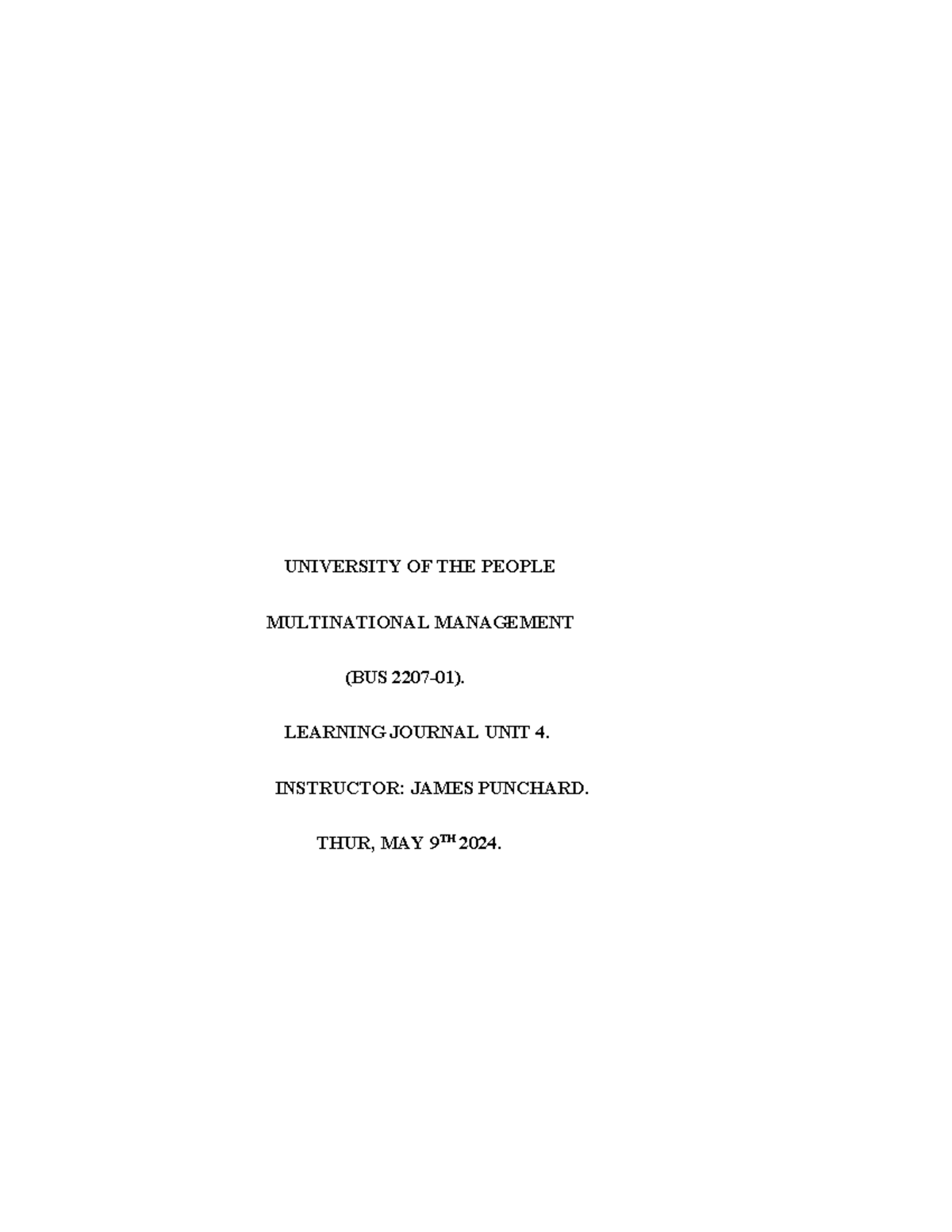Multi- National Management Learning Journal UNIT 4 - UNIVERSITY OF THE ...
