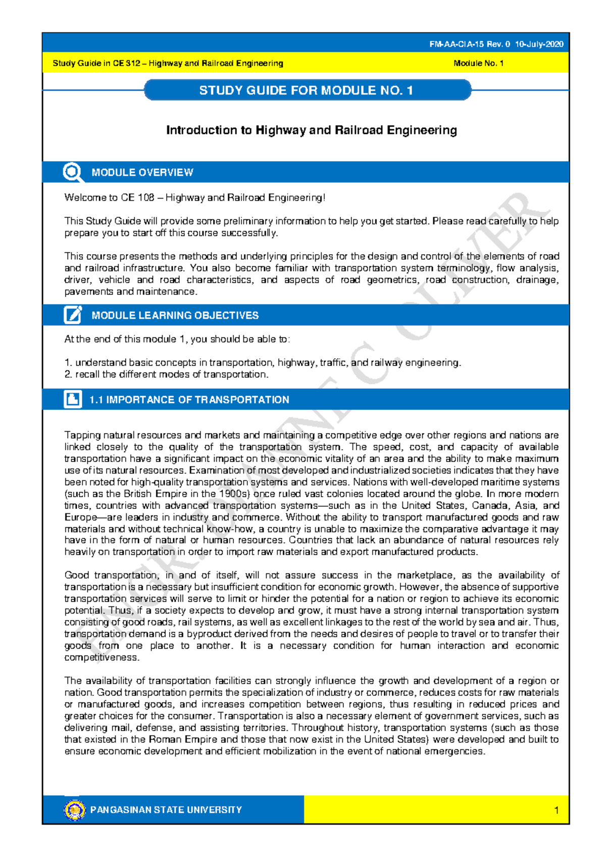 HRE Study Guide 1 - Study Guide in CE 312 – Highway and Railroad ...
