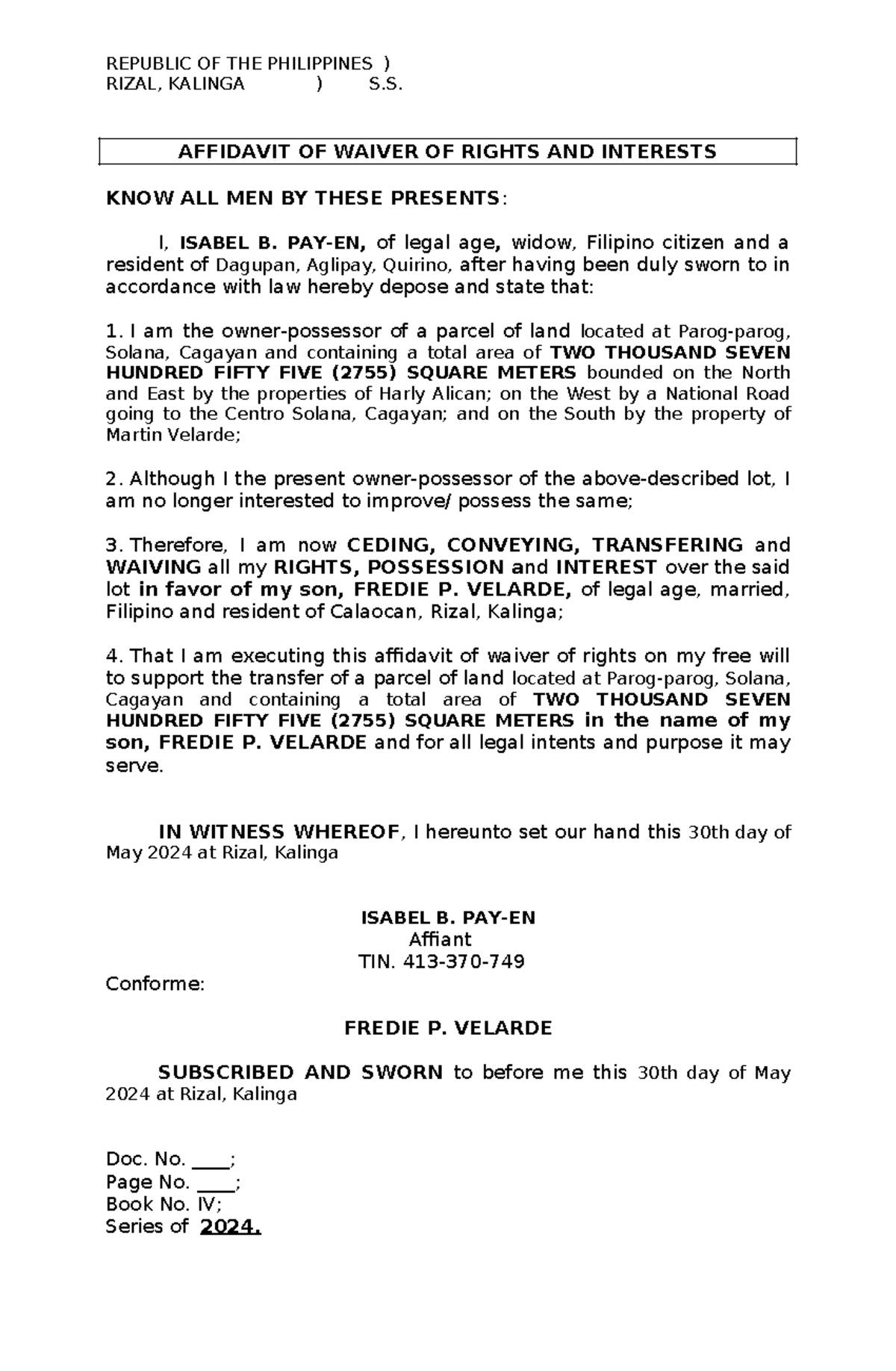 Waiver OF Rights PAY-EN FOR Velarde - REPUBLIC OF THE PHILIPPINES ...